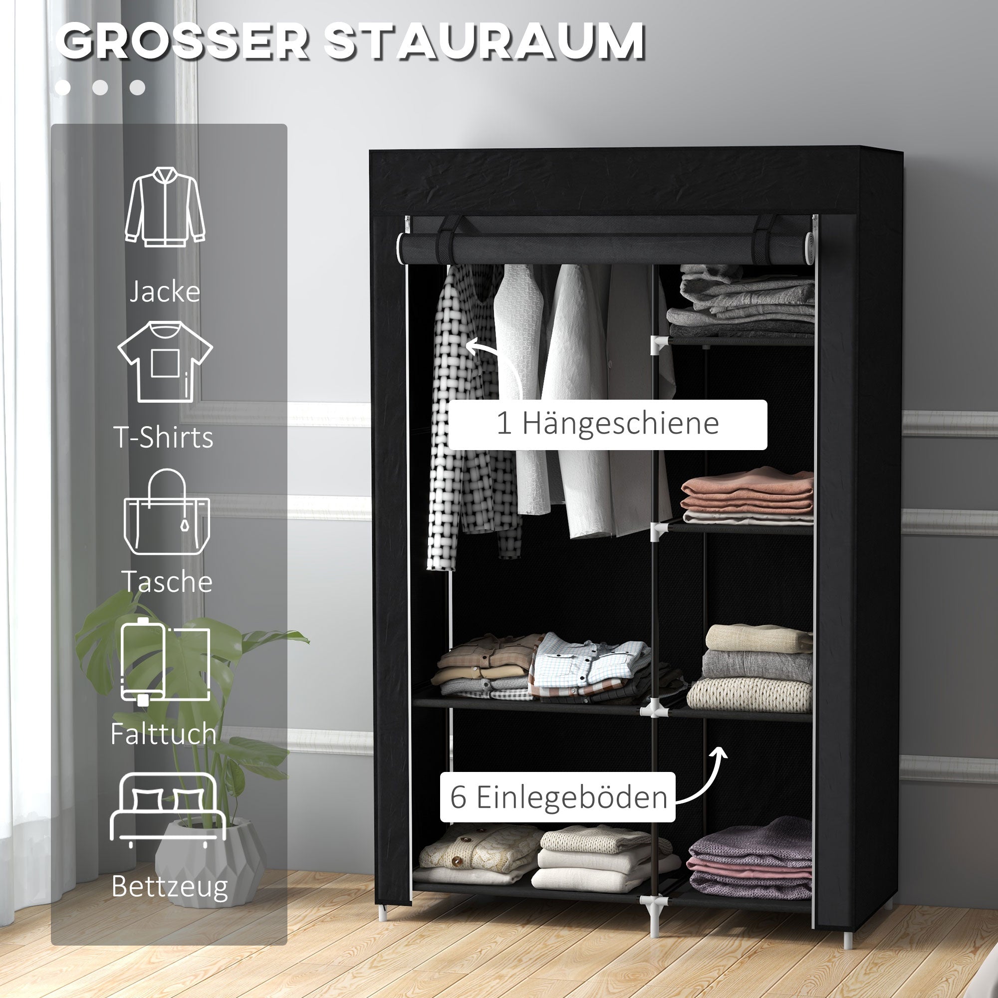 Fabric Wardrobe Folding 6-Compartment 103x43x162.5cm Non-Woven Black