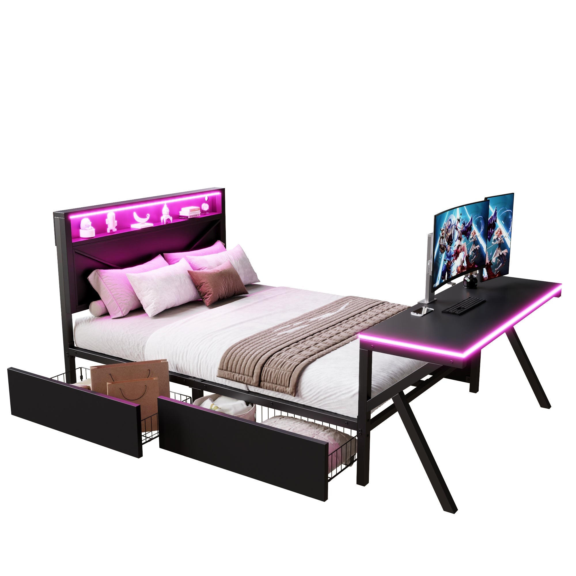 Gaming Platform Bed with LED Headboard, Desk and Drawers, Black Metal