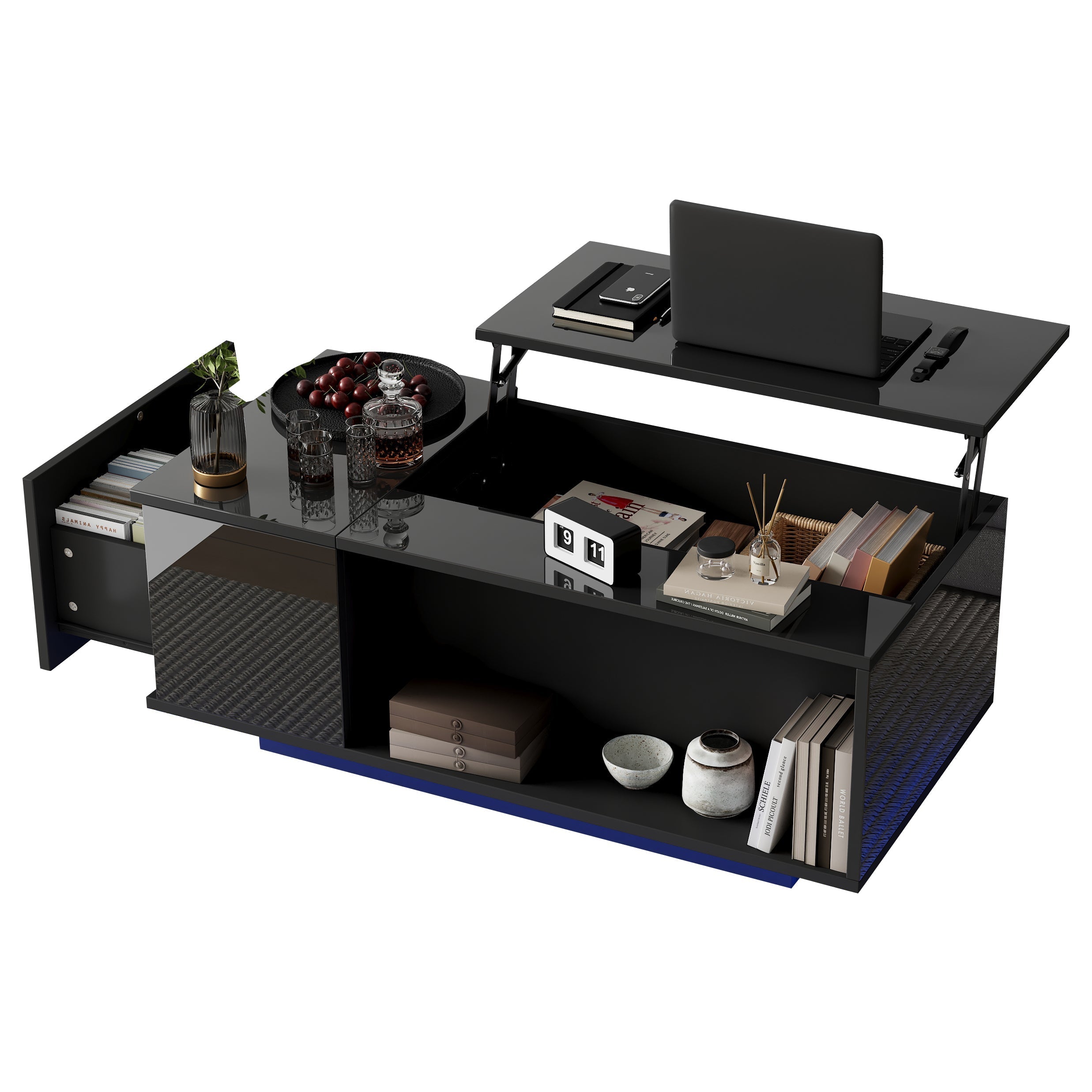 Coffee Table, Height-Adjustable with Hidden Storage & LED Light, Black
