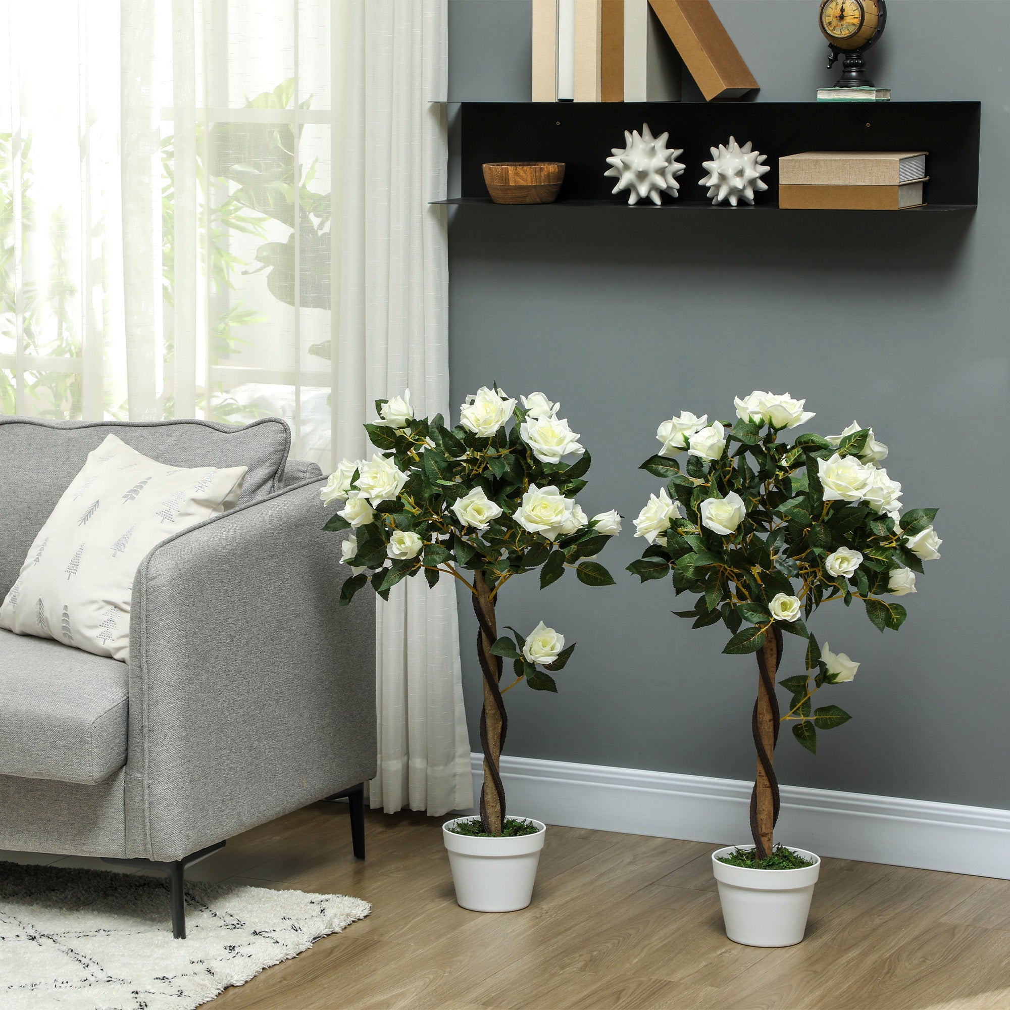 Faux Rose Trees, Set of Two - White