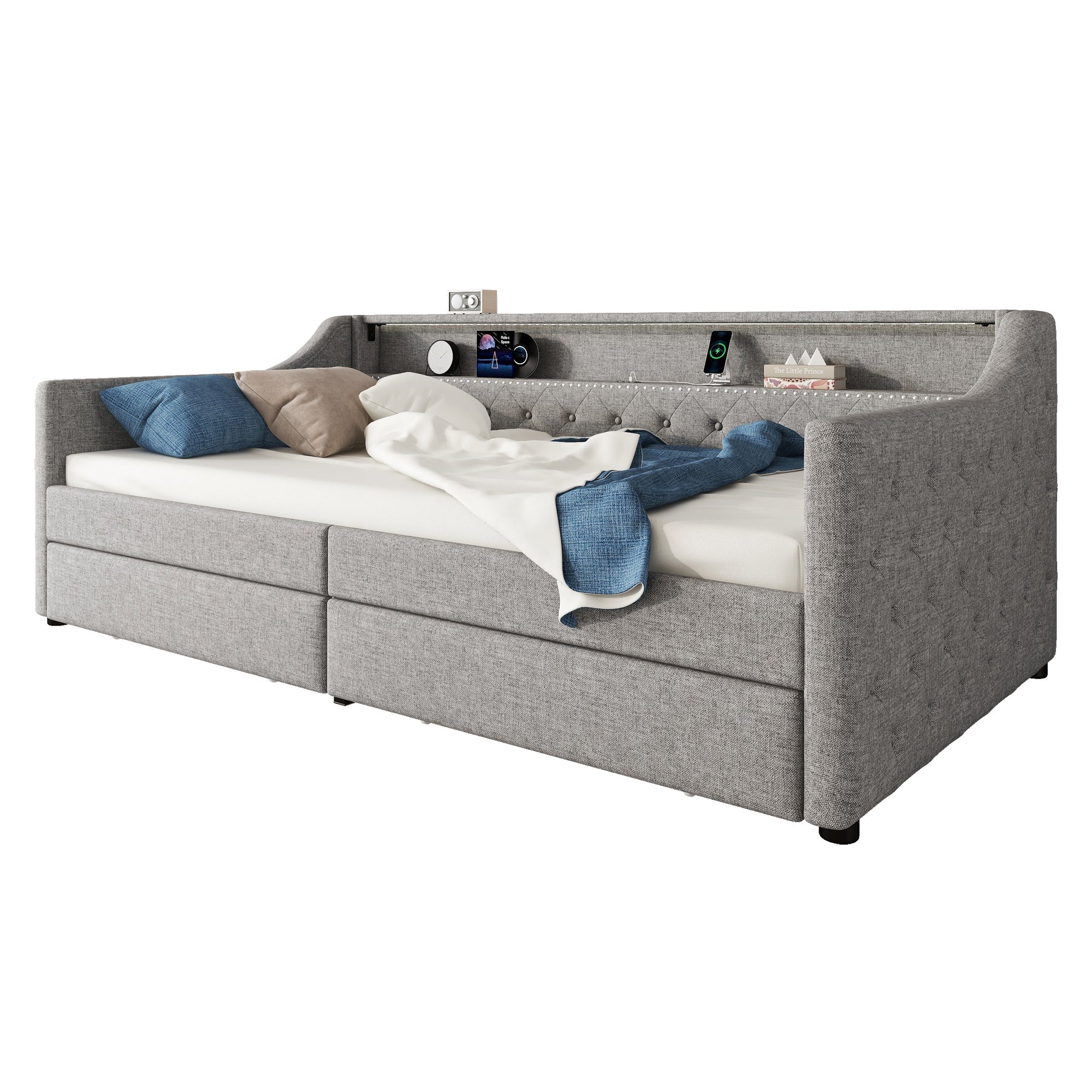 Daybed with LED Lighting, Slatted Base, Drawers and USB Port, Grey Linen