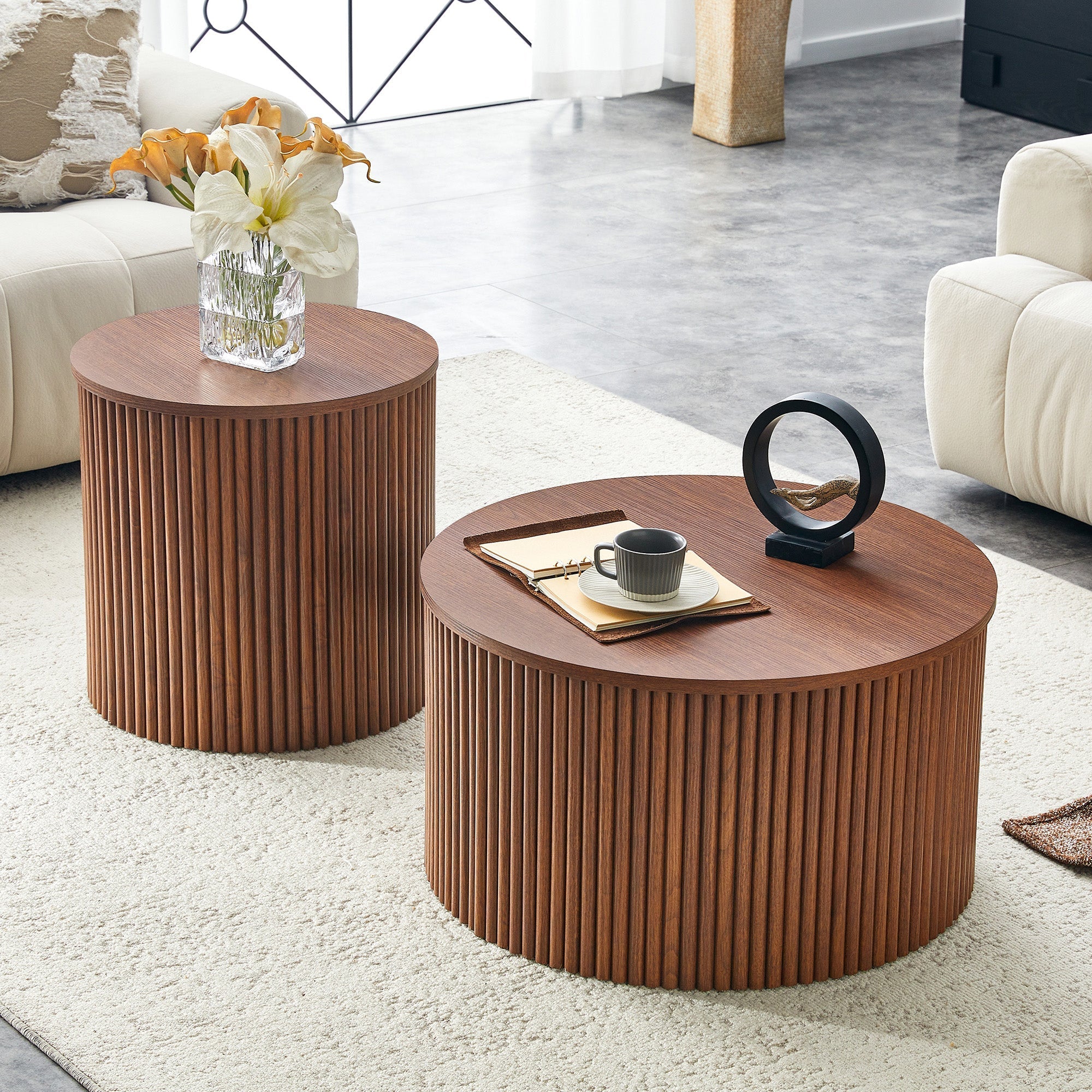 2-Piece Nesting Coffee Table Set, Roman Column Round Design with Built-in Storage, Walnut Grain MDF