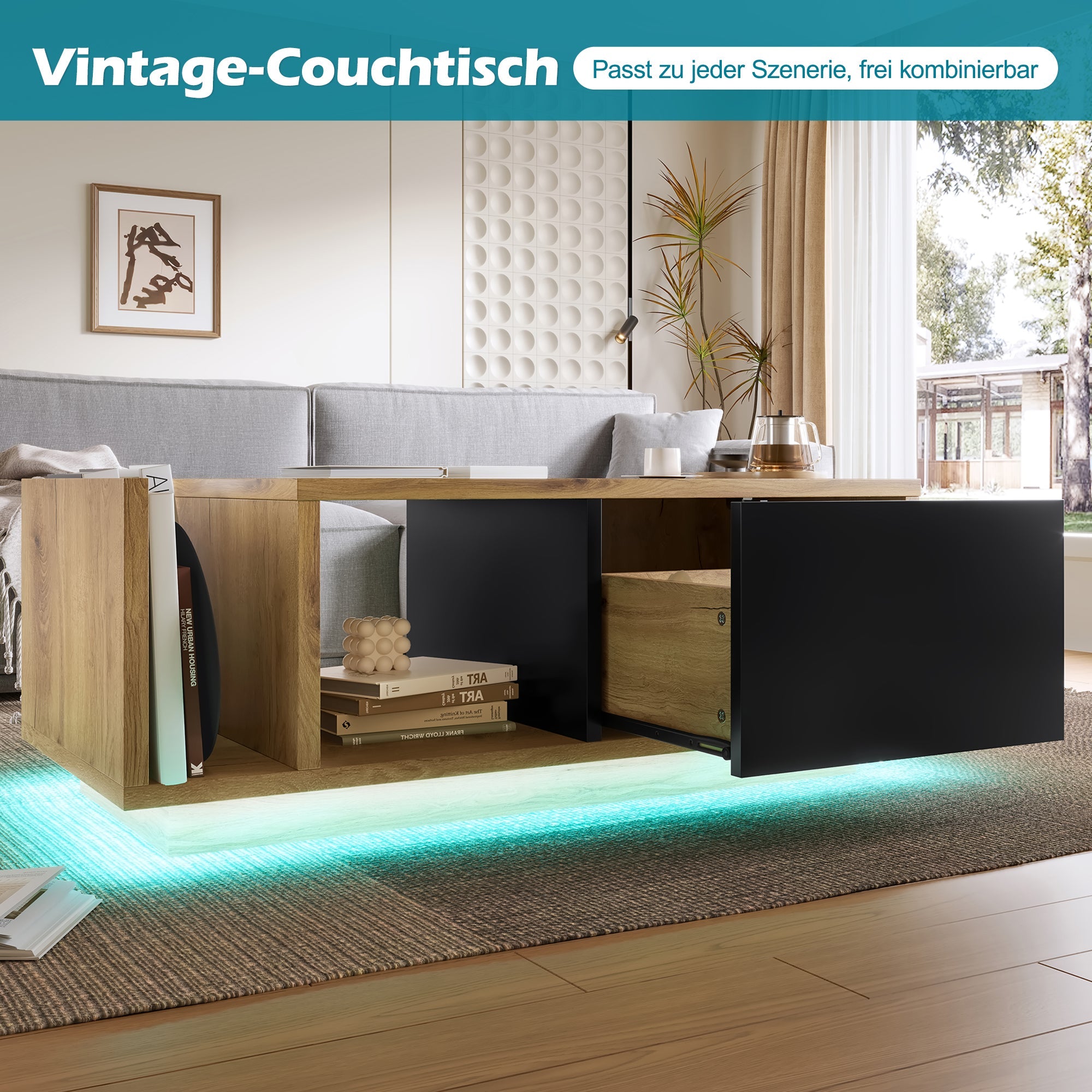 Retro Sideboard, Room Divider with LED Lighting, Wood-Metal Design