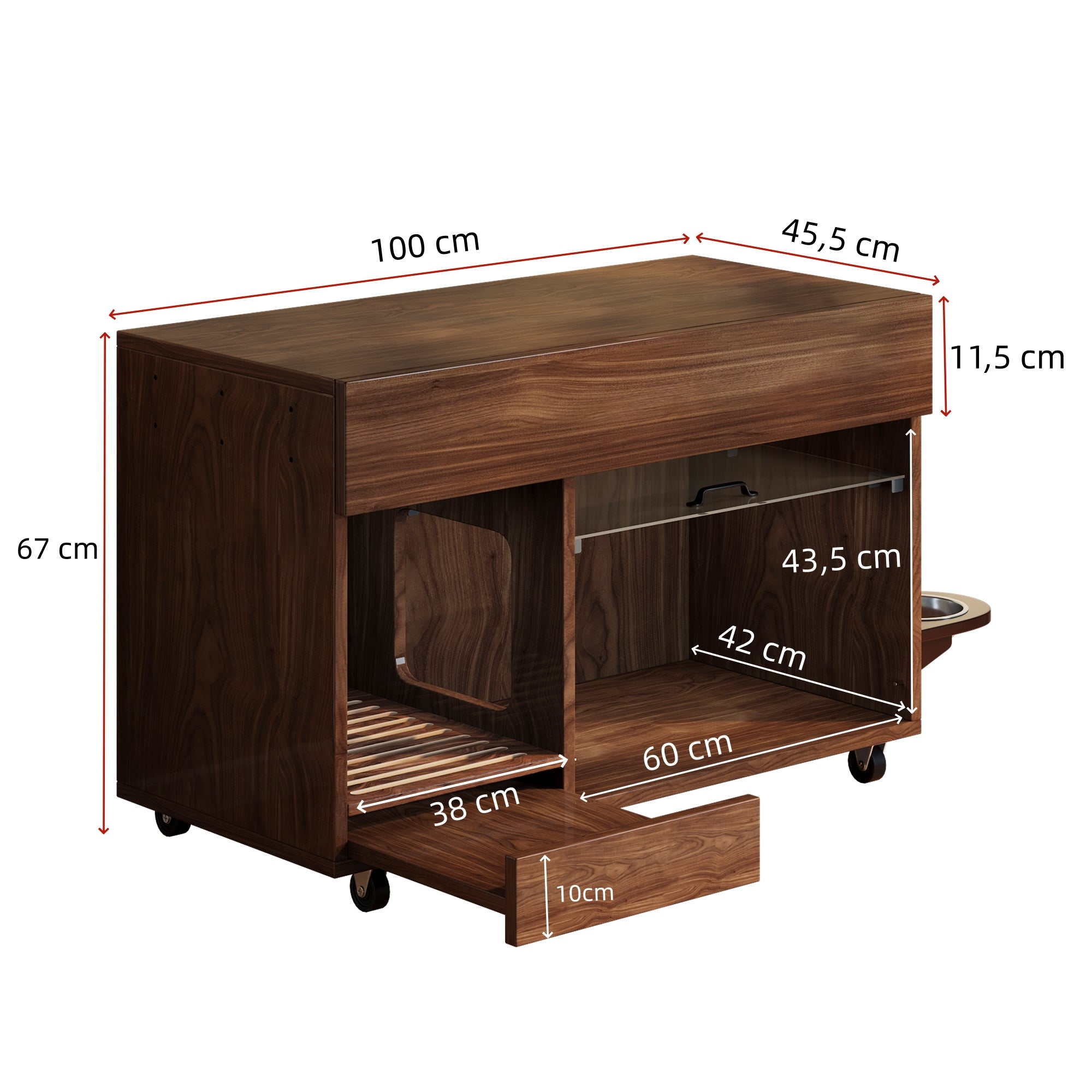 Mobile Cat Litter Box Cabinet with Food Bowls, Sand Tray, Pegboard - Walnut
