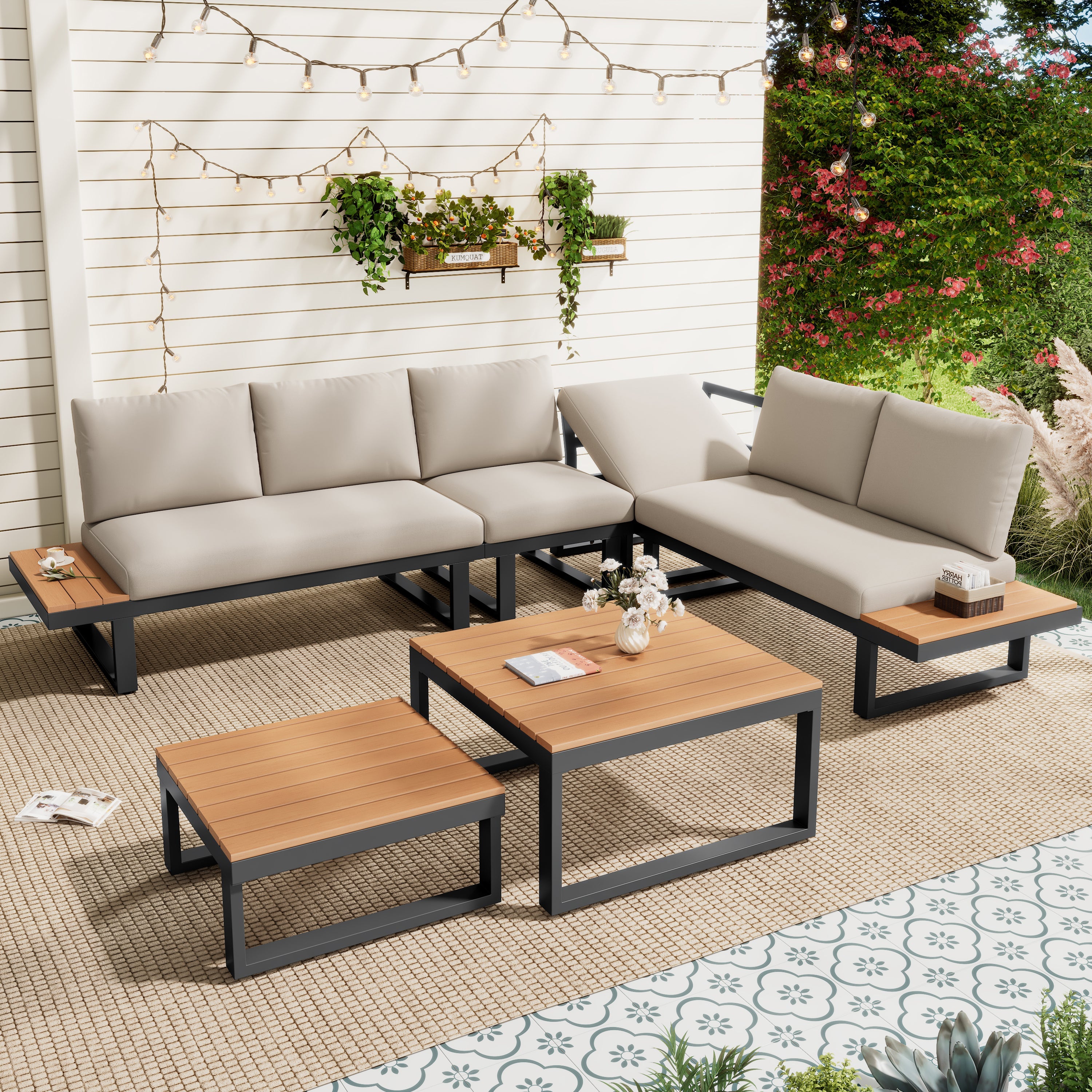 Garden Furniture Set with Adjustable Tilt Function and Two Coffee Tables, Beige and Black