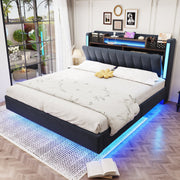Upholstered Bed, 140x200, LED & USB, Storage Headboard, Floating Design, Grey Linen