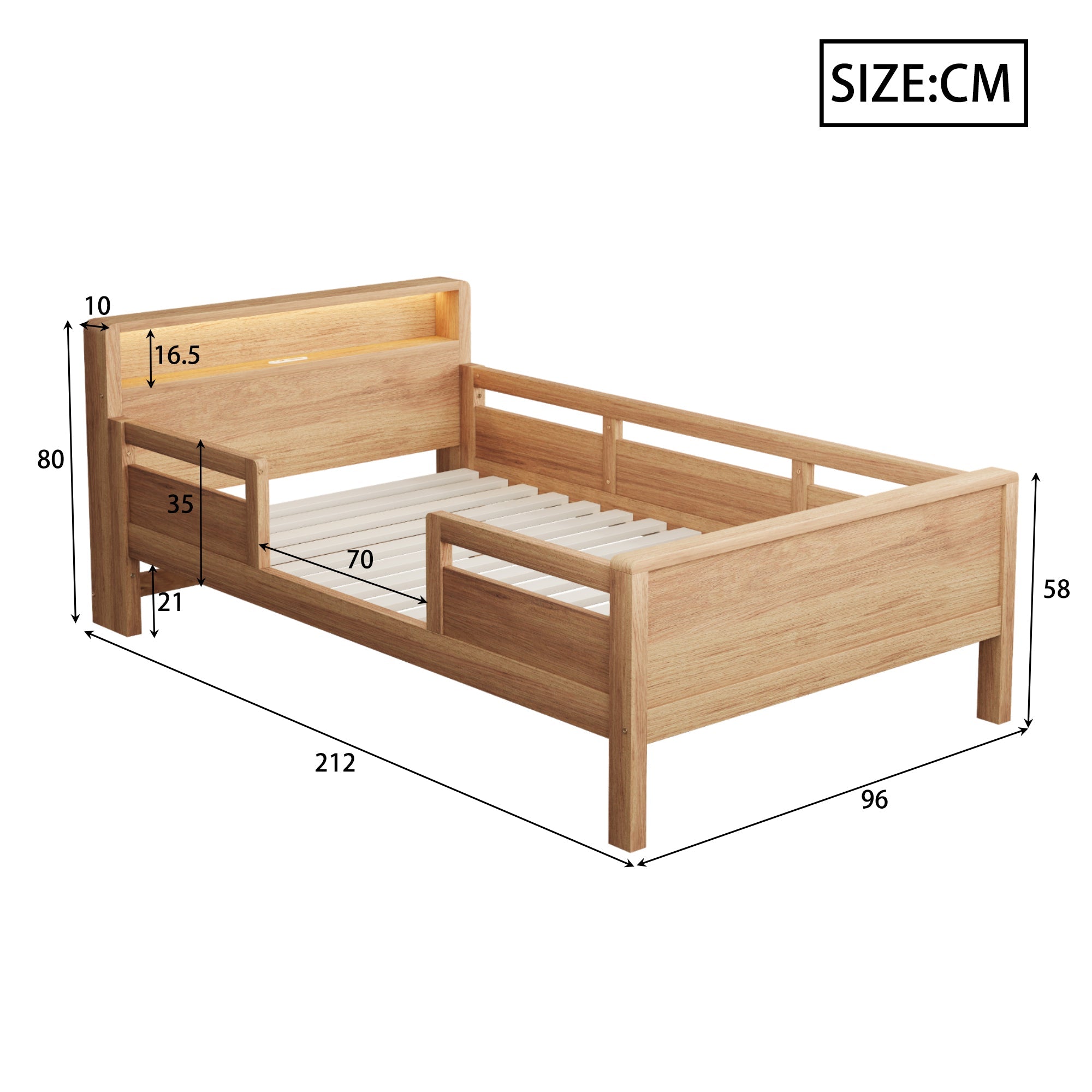 Wooden Bed, 90x200cm USB/Type-C, LED Light, Storage Headboard, Pinewood