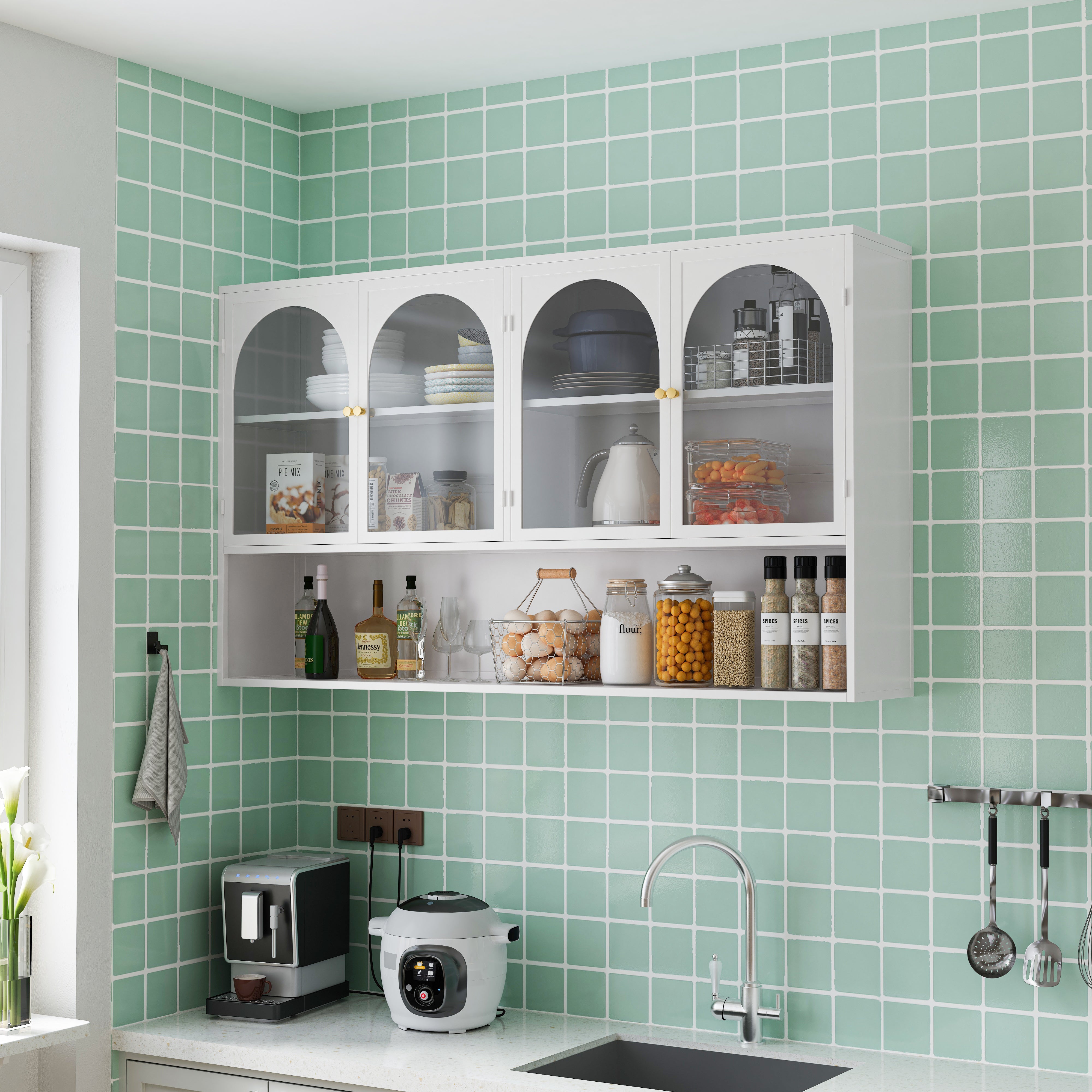 Four-door Wall Cabinet, 120CM Glass Storage, White