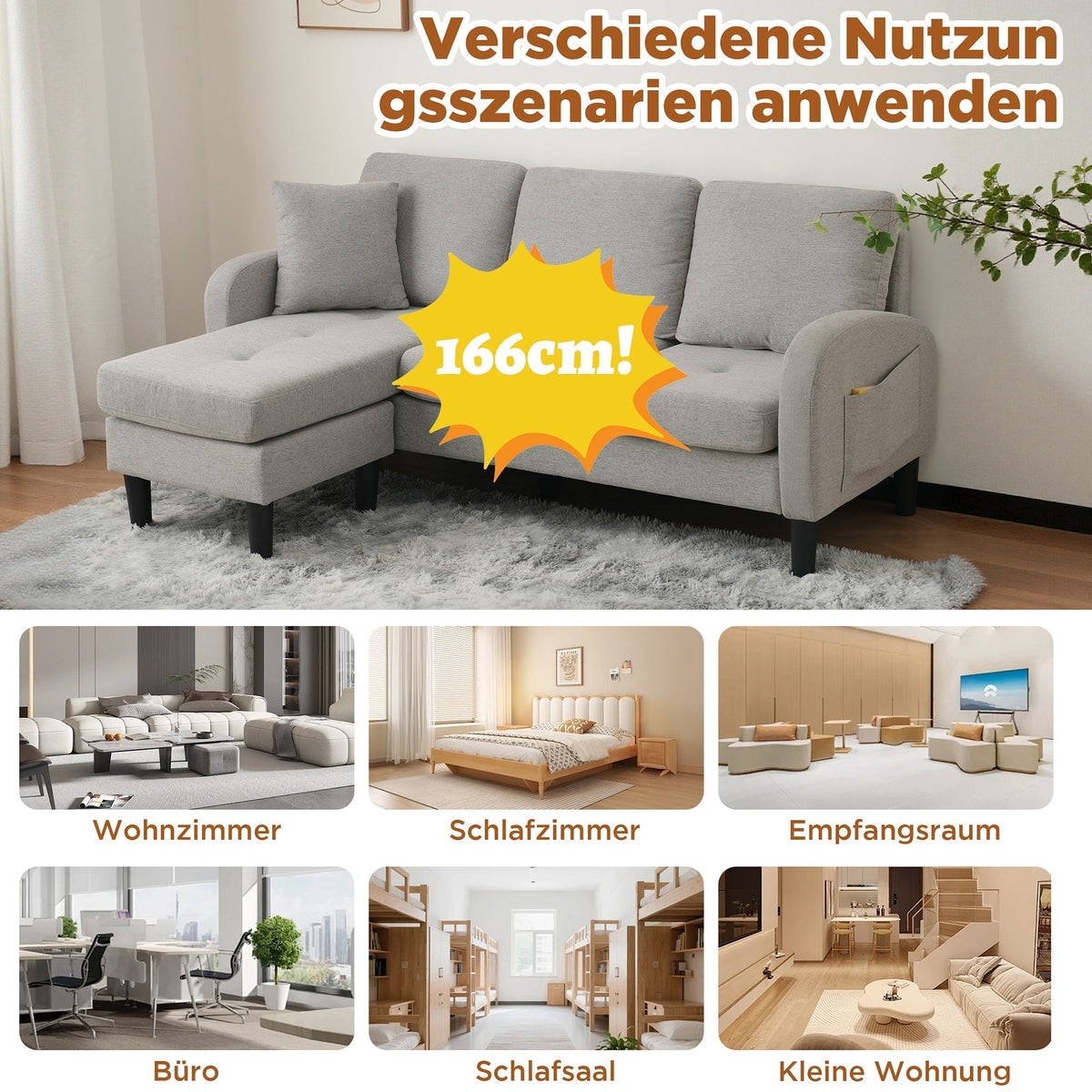 L-shaped Corner Sofa 3-Seater Chaise Longue Modular - Cotton-Linen