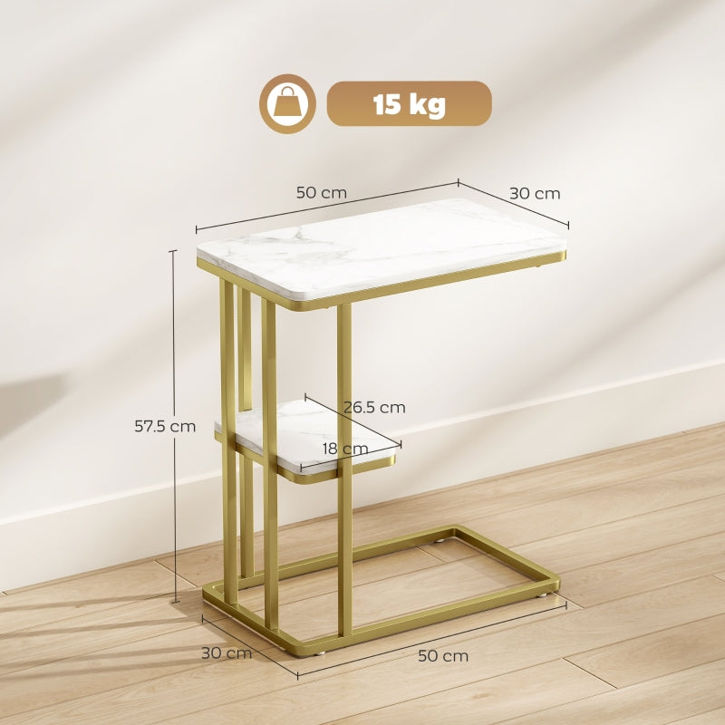 C-Shaped Narrow Side Table, 2-Tier Slim End Table Nightstand for Small Spaces, White Marble Grain