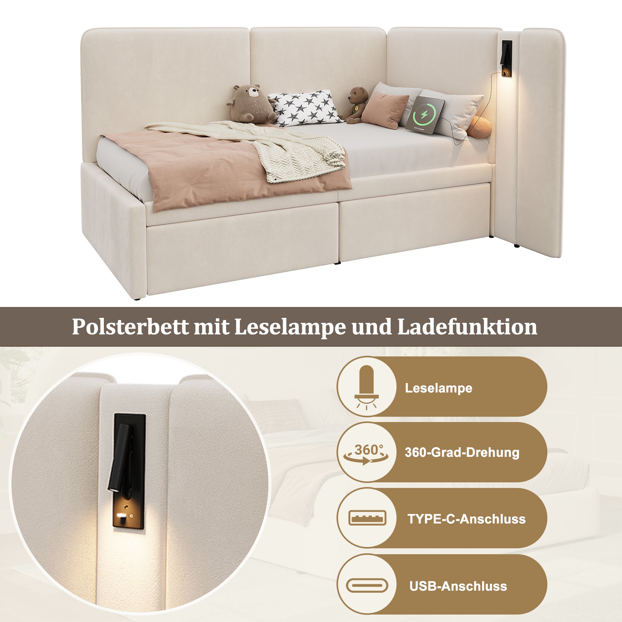 Upholstered Daybed with 2 Drawers, USB Charging Port and Reading Lamp, 90x200cm, Beige Velvet