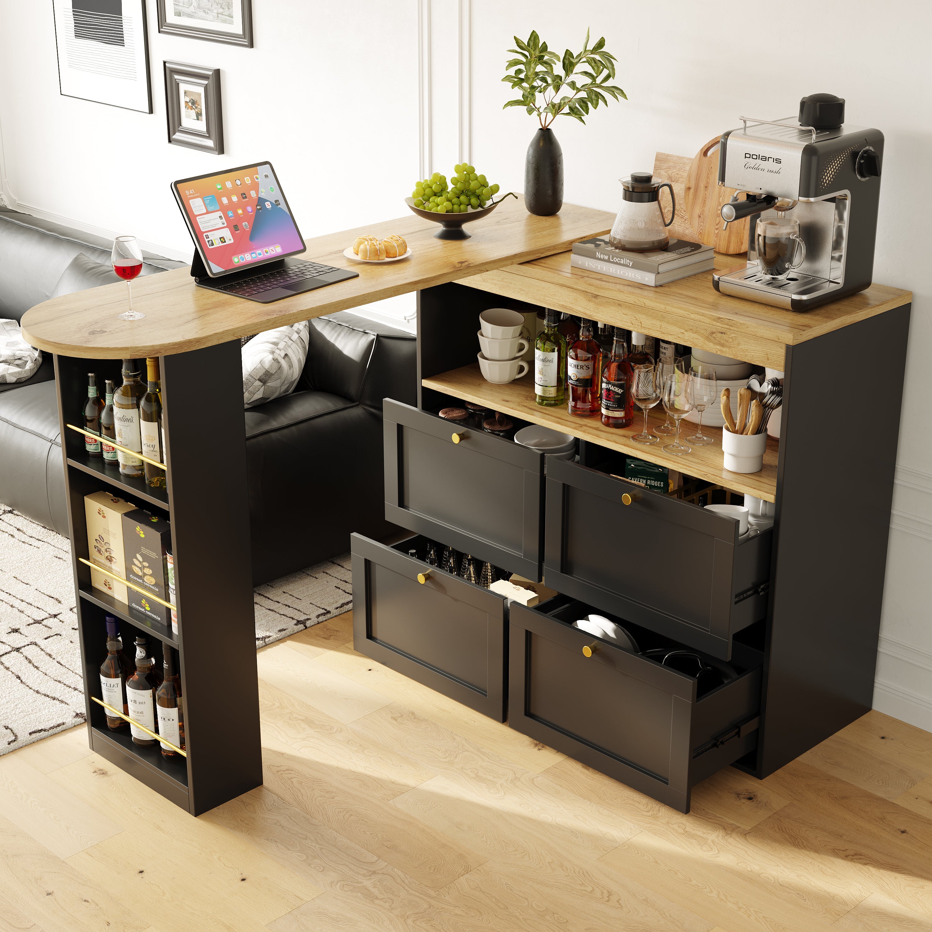 360° Swivelling Bar Table with 4 Drawers, Open Shelves, 105x39x102 cm, for Dining/Study/Living Room