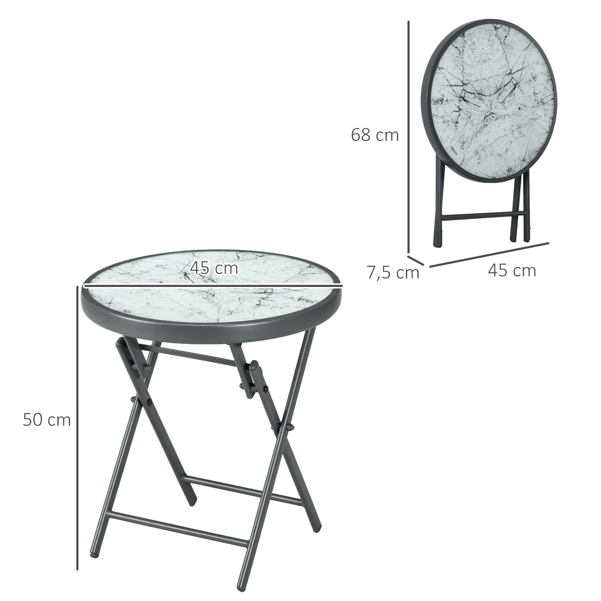 Folding Side Table, Round Glass Marble Look 45x50cm, White