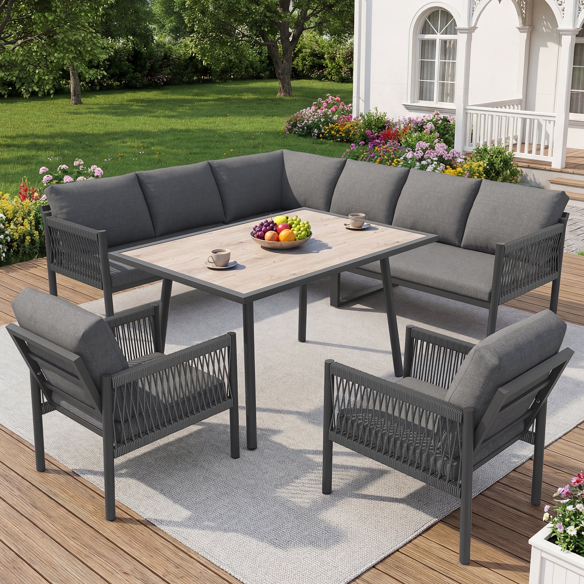 L-Shaped Garden Lounge Seating Group with Table and 2 Armchairs, Seats 7-8, Grey