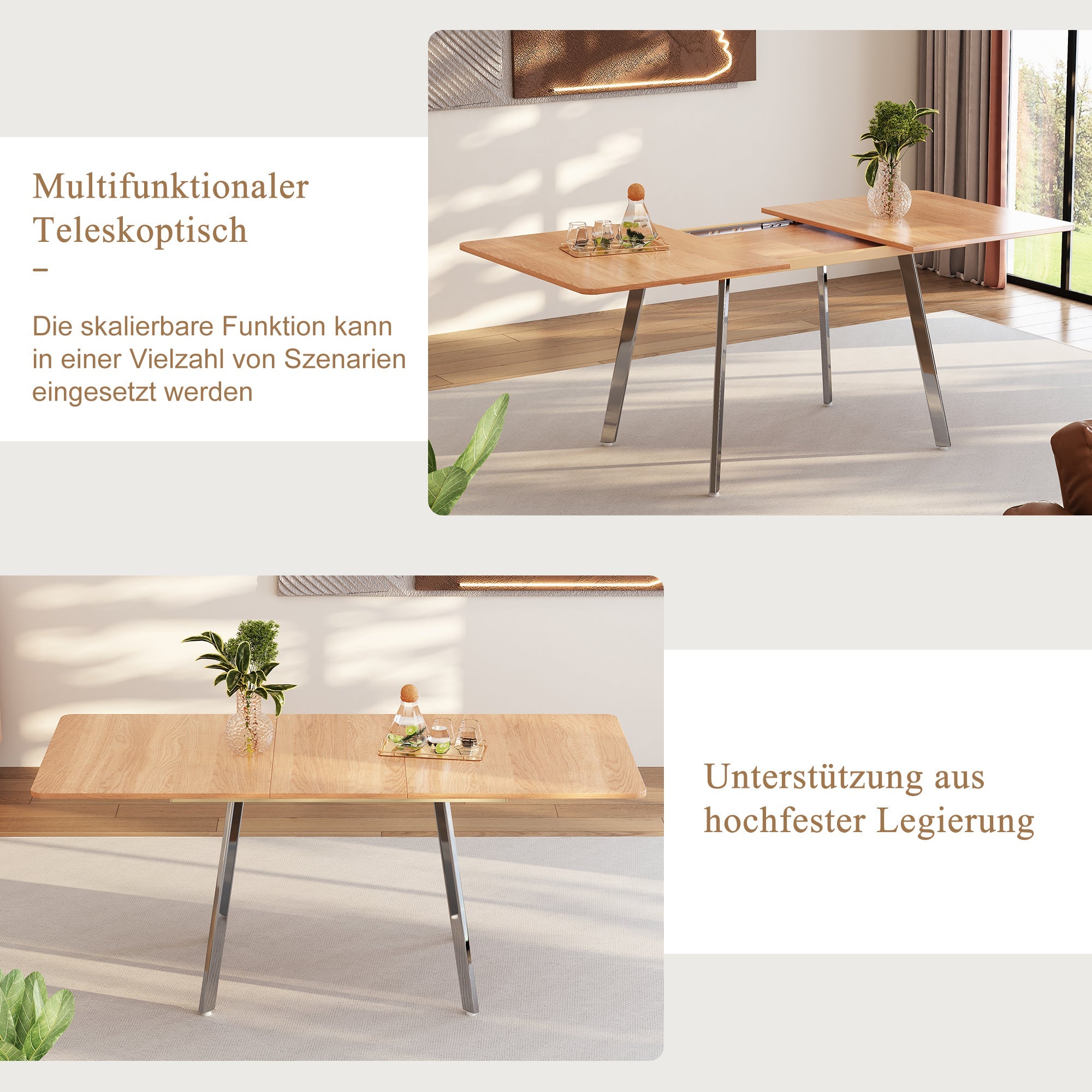 Extendable Dining Table, 140-180cm for 4-6 People with Alloy Support, Natural and Silver Chrome