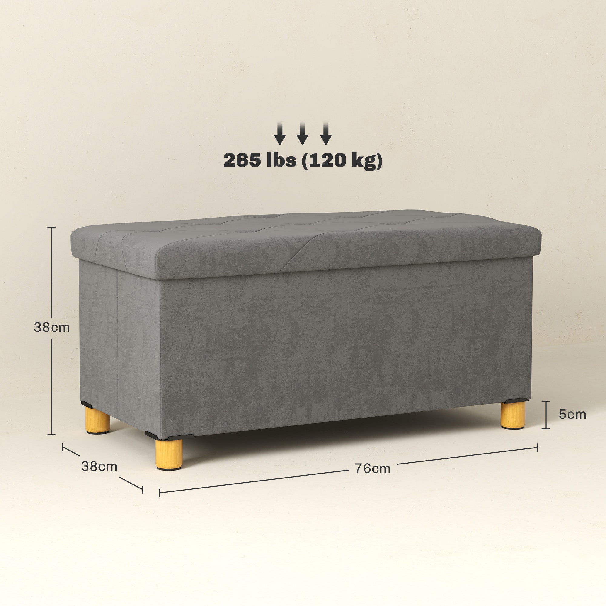 Bench with Storage, Foldable Upholstered, Velvet Look, Gray