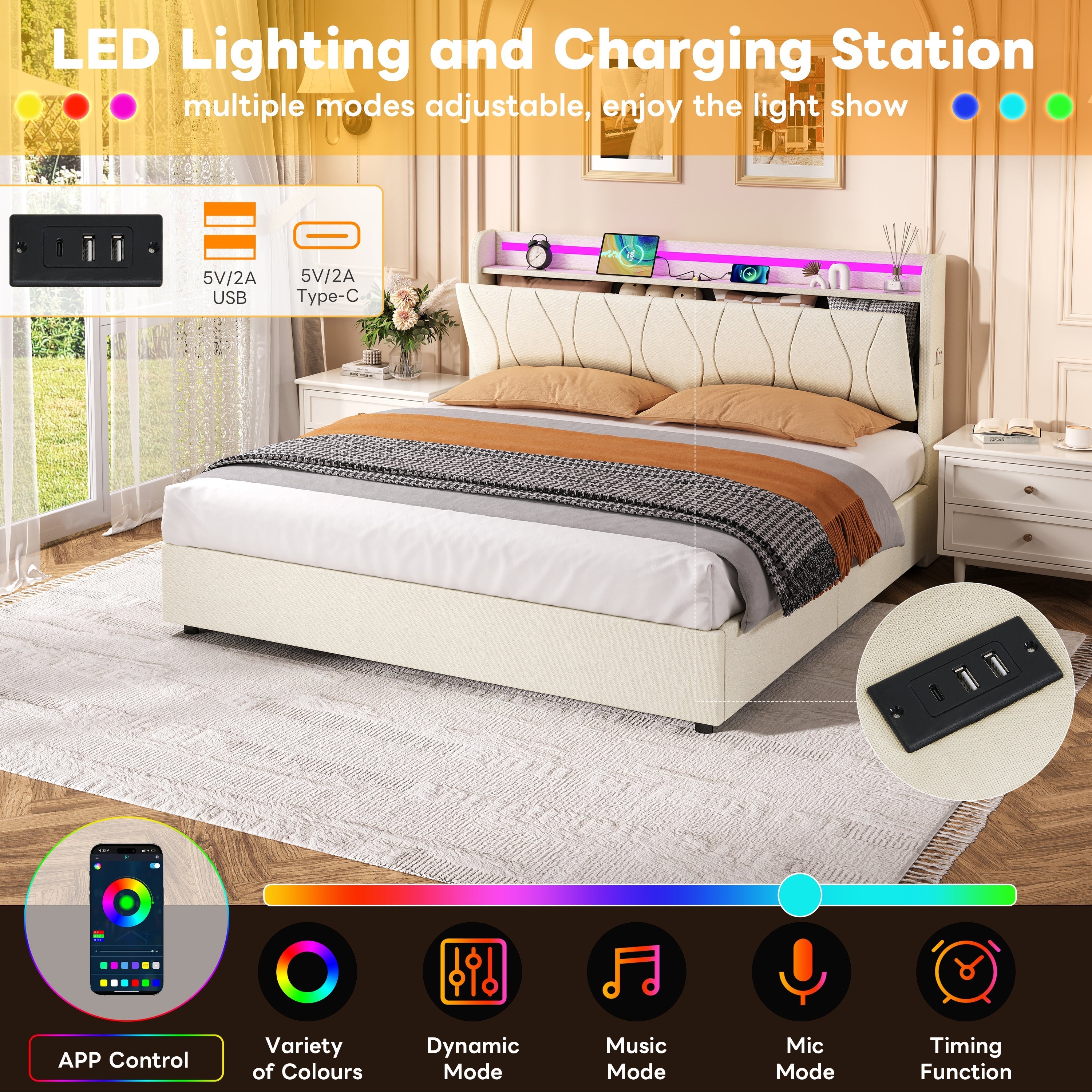 5ft King Upholstered Bed Frame, Hydraulic Storage LED Headboard with Charging Station, Beige Linen