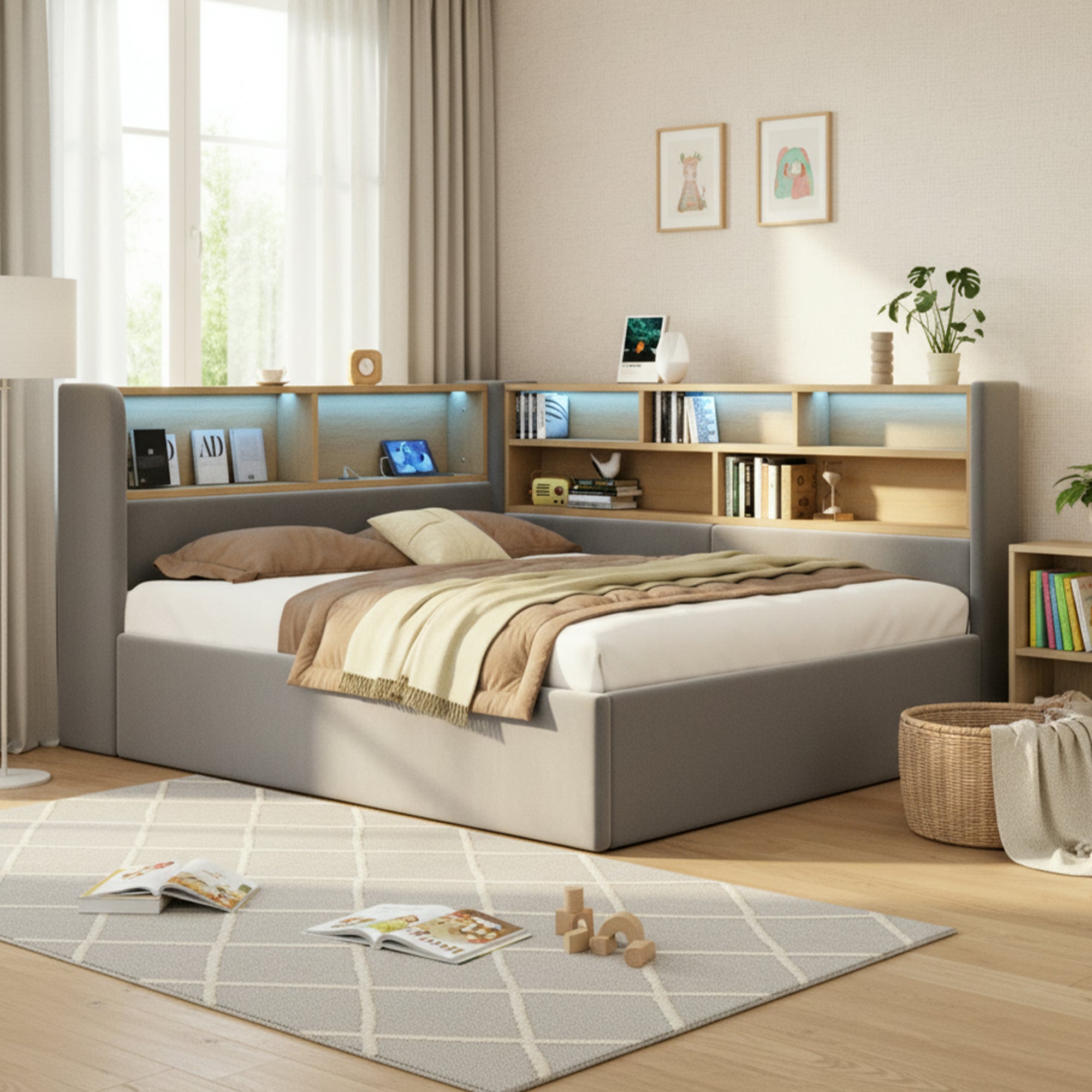Daybed with Hydraulic Storage, LED, USB and Backrest, Grey Velvet
