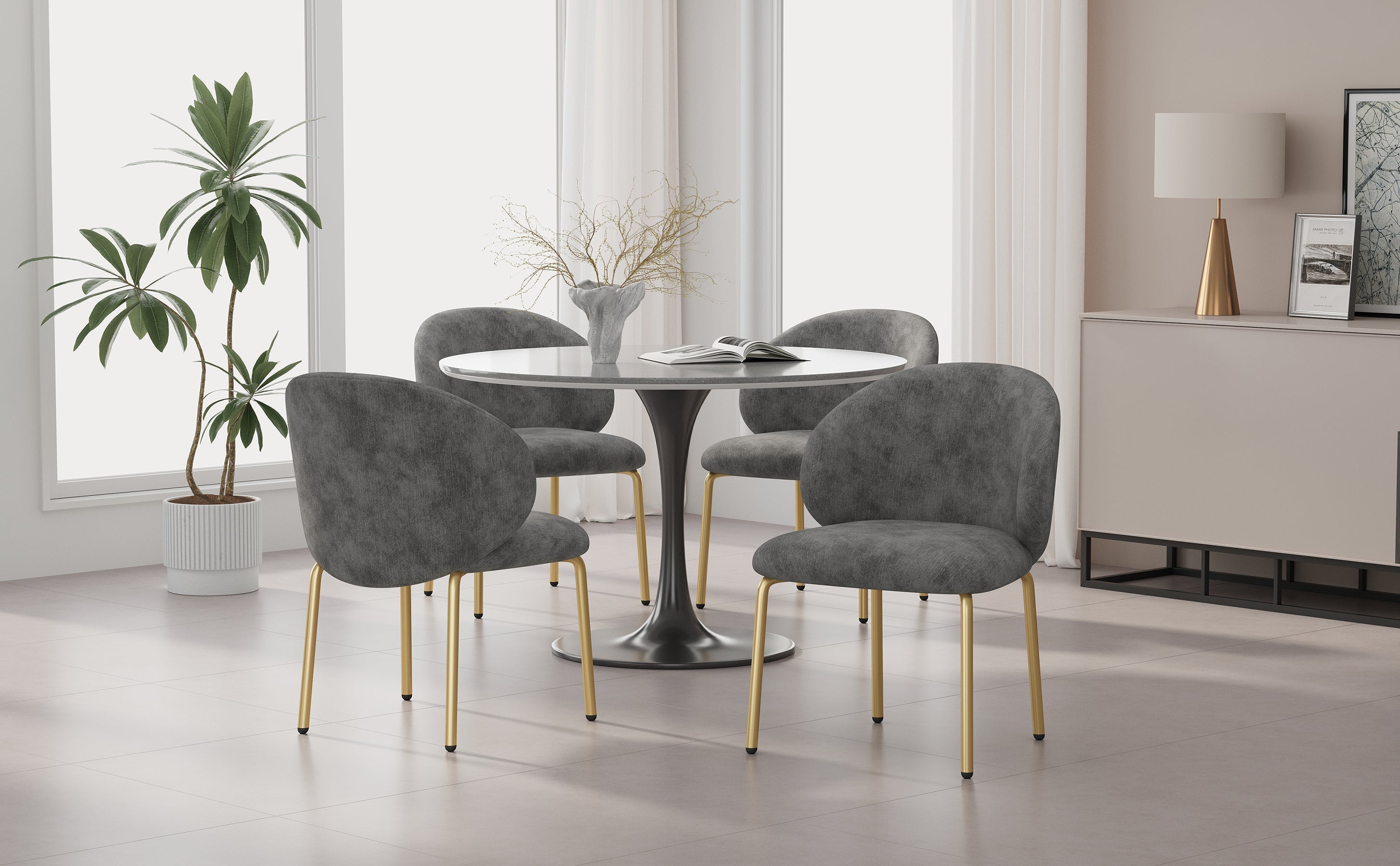 Dining Chairs and Lounge Chairs with Gold Legs, Set of 4, Grey Chenille