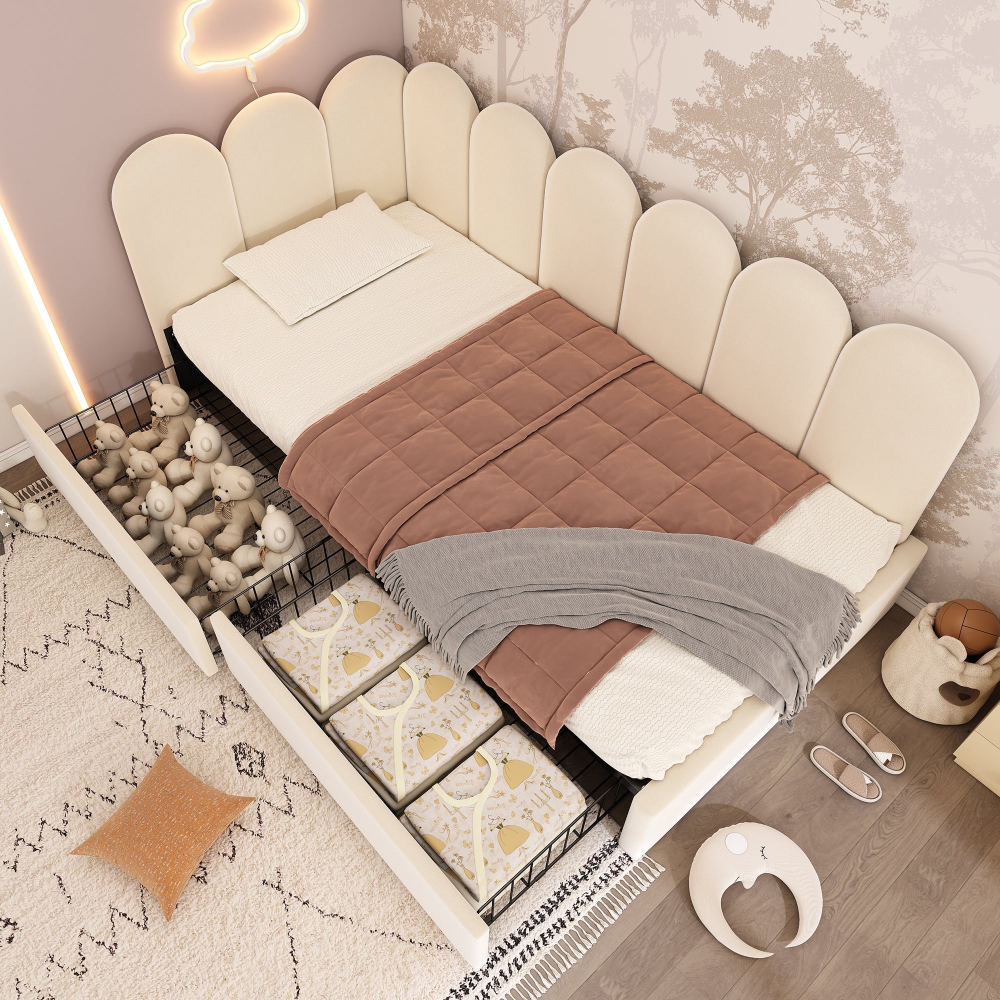 Upholstered Daybed with Drawers and Slatted Frame, 90x200cm, Beige Velvet