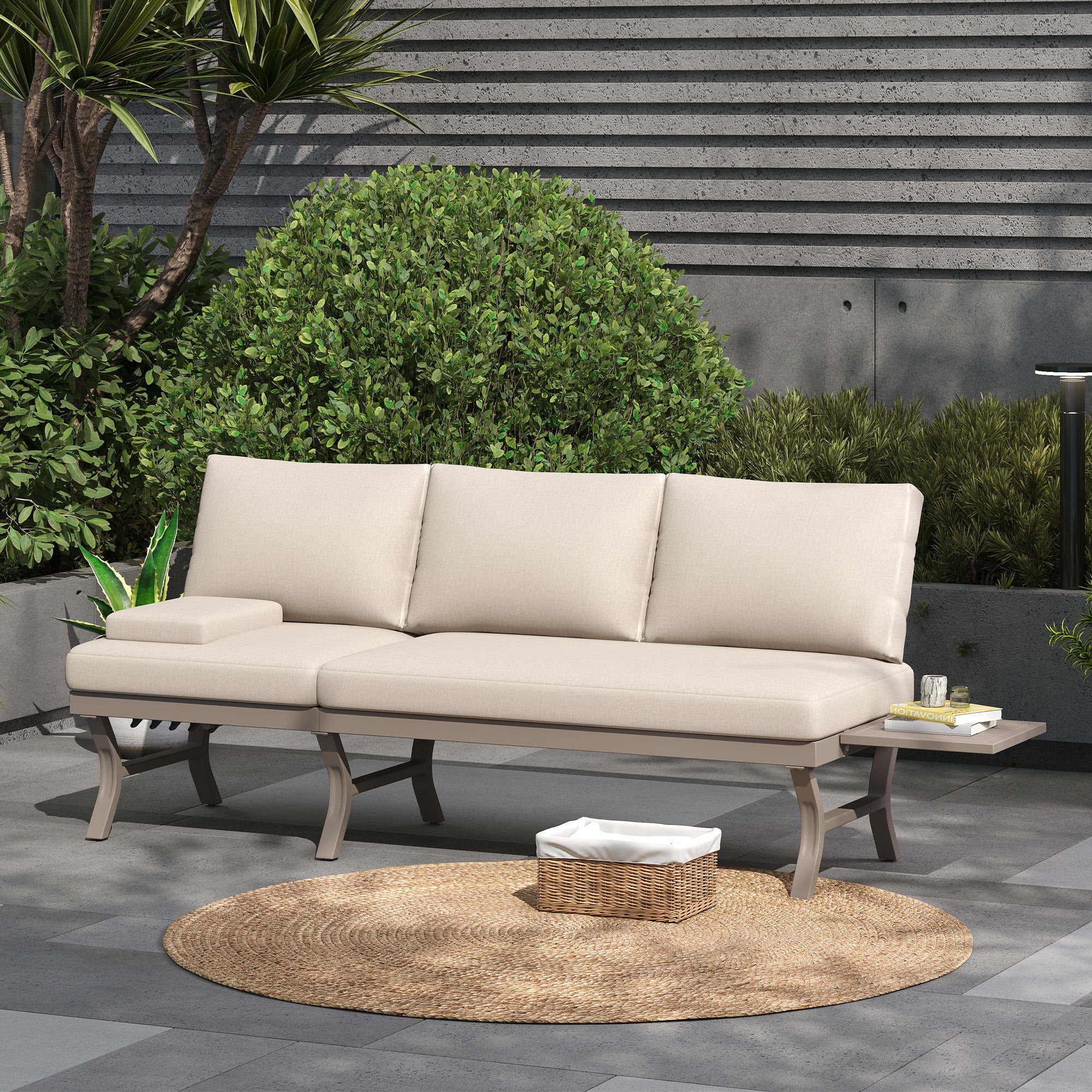 3-Seater Outdoor Sofa Garden Furniture Set with Adjustable Reclining Function and Table, Galvanized Steel, Beige