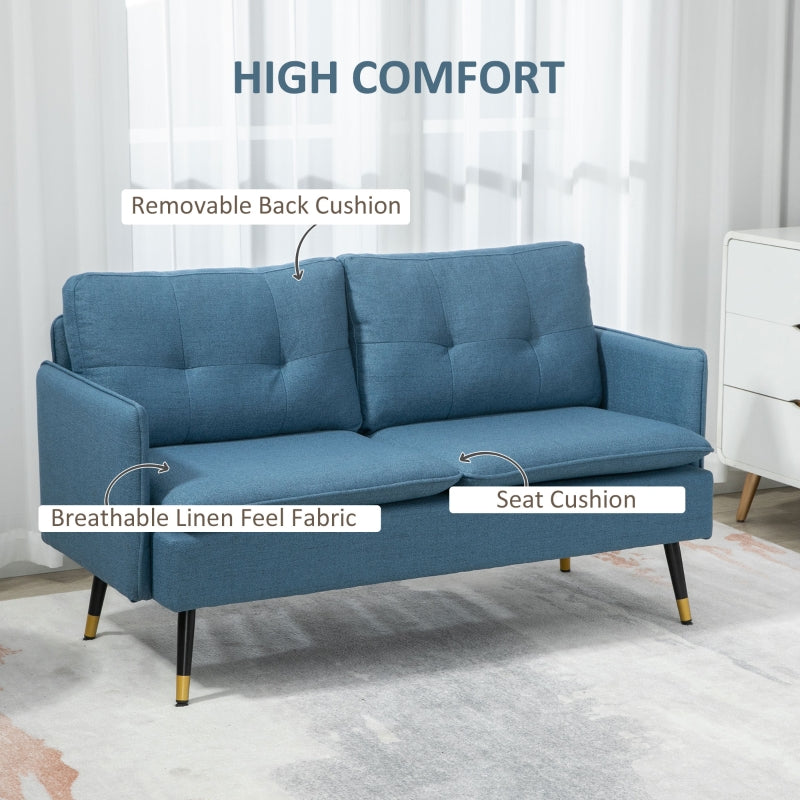 Modern Two Seater Sofa, Button Tufted Loveseat with Steel Legs, Dark Blue