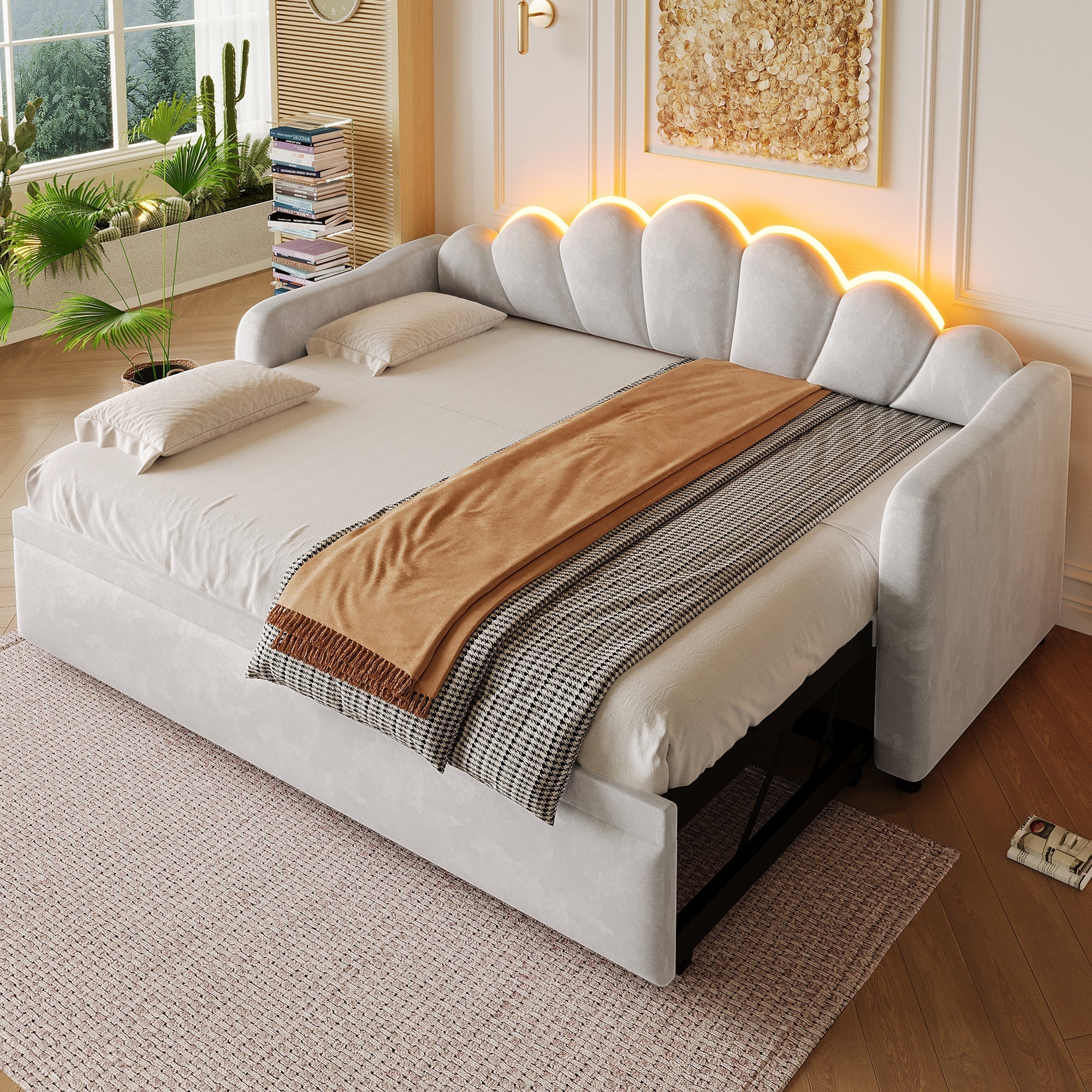 Upholstered Daybed with Pull-out Function and LED Lighting, 90x200cm, Grey