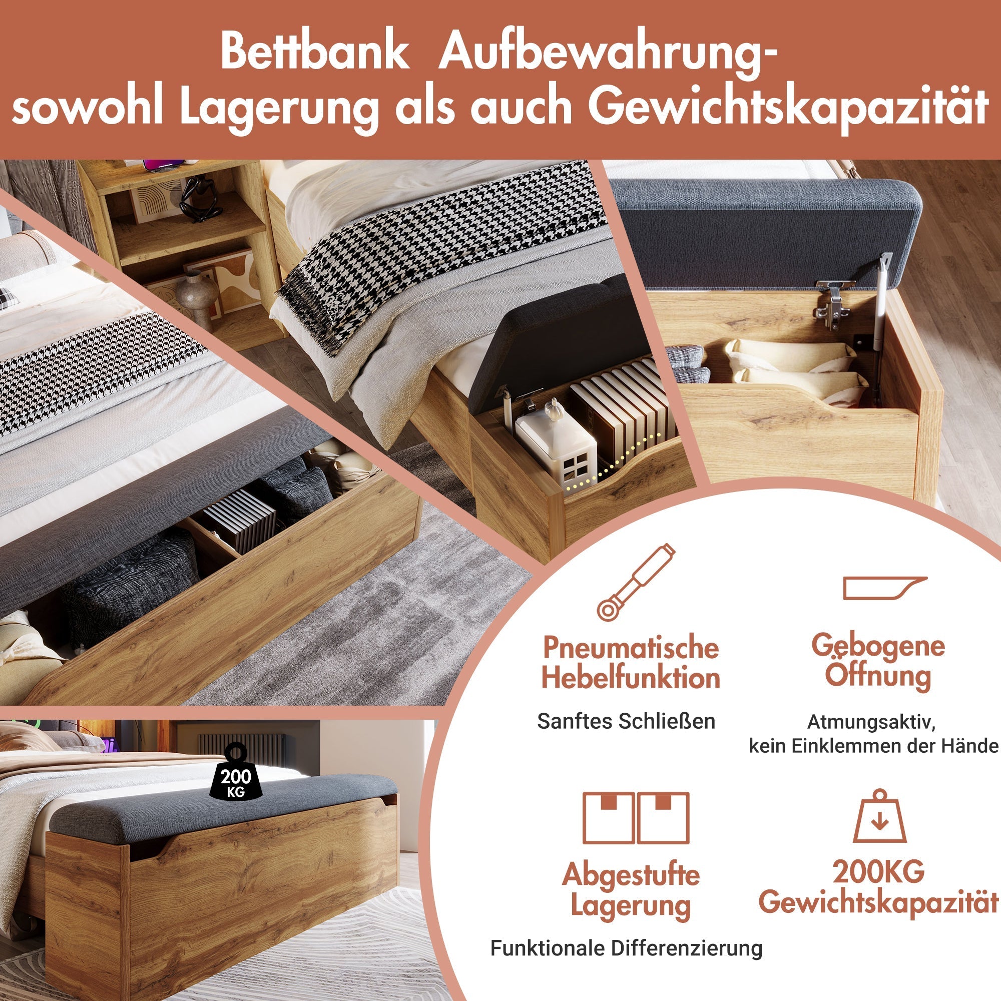 Double Bed 160x200cm Wooden Storage Fold-Down Linen Headboard USB & Bench - Oak