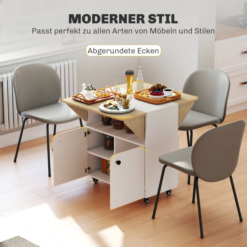 Klapptisch mit Rollschrank, zwei klappbare Seiten, 4 Rollen, Weiß + Naturholz