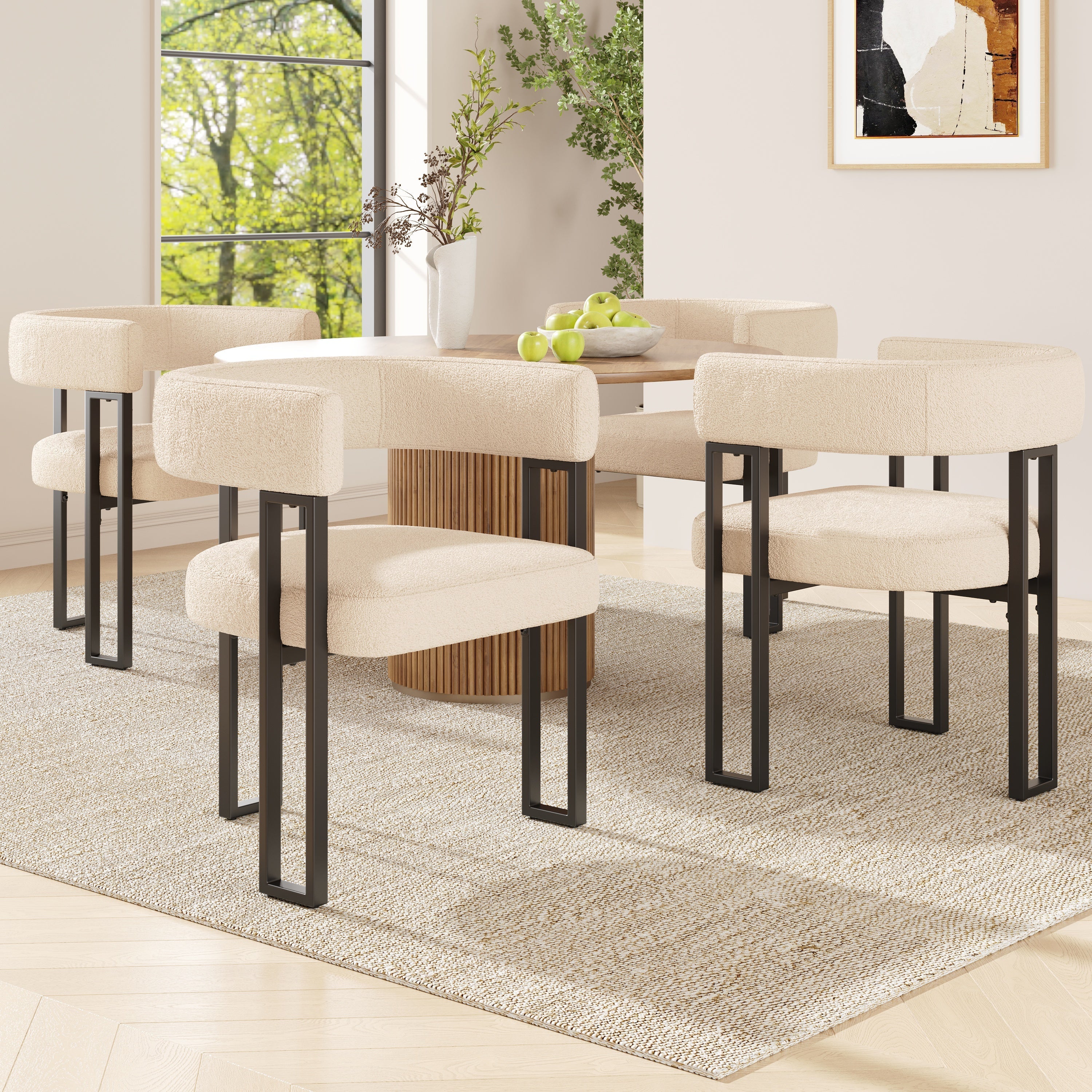 Ergonomic Dining Chair with Curved Backrest and Lambskin Fabric, Set of 4, Beige/Brown