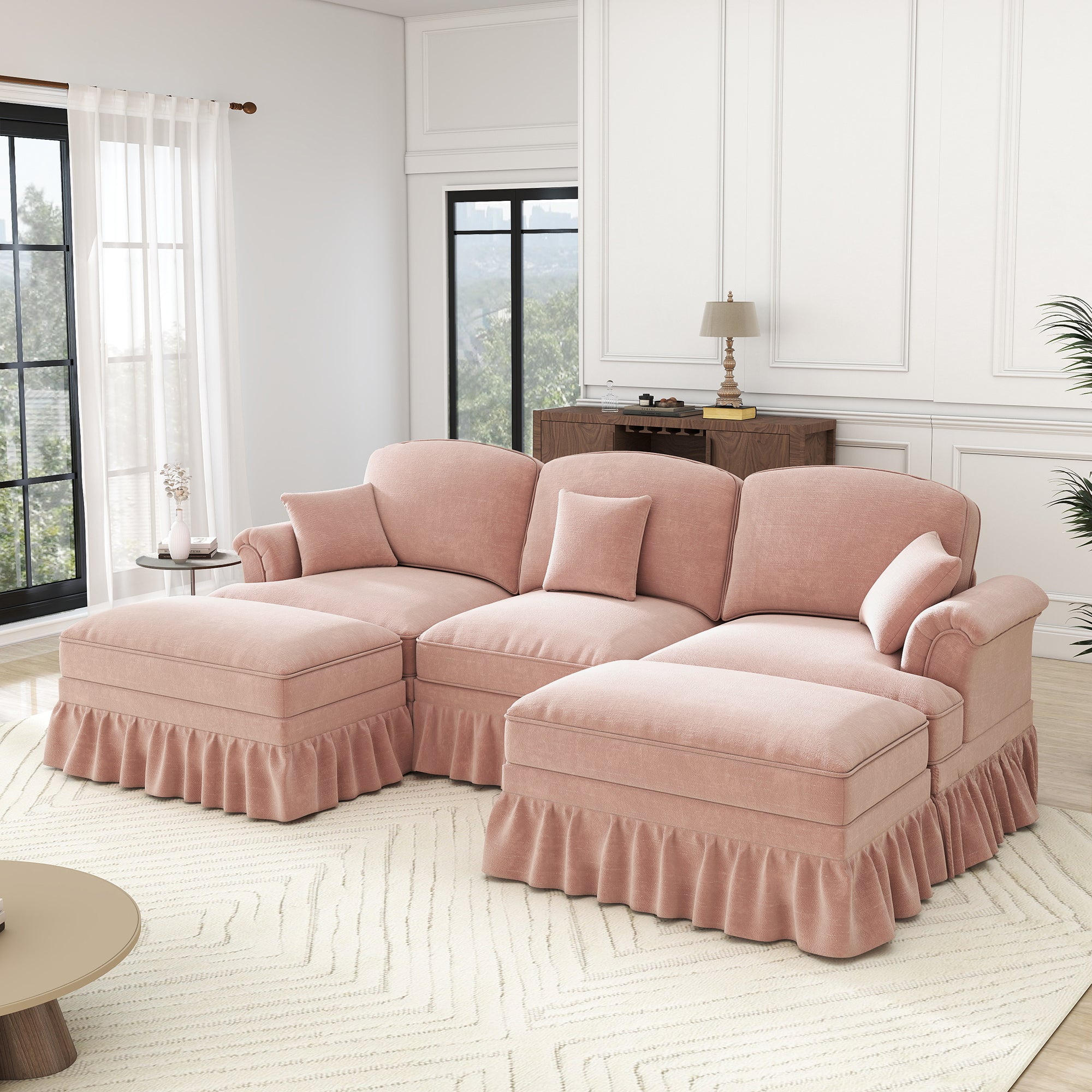 Modular U-Shaped Chenille Sofa, Movable Ottoman, Ruffled Apron - Pink
