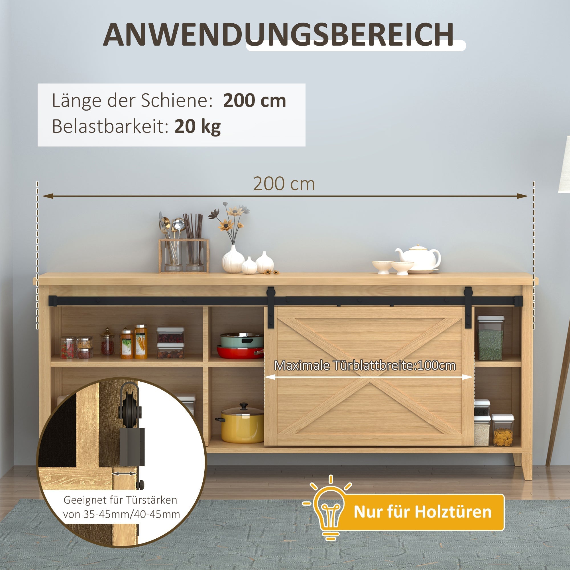 Sliding Door Hardware Single Track 200cm with Accessories, Carbon Steel Black