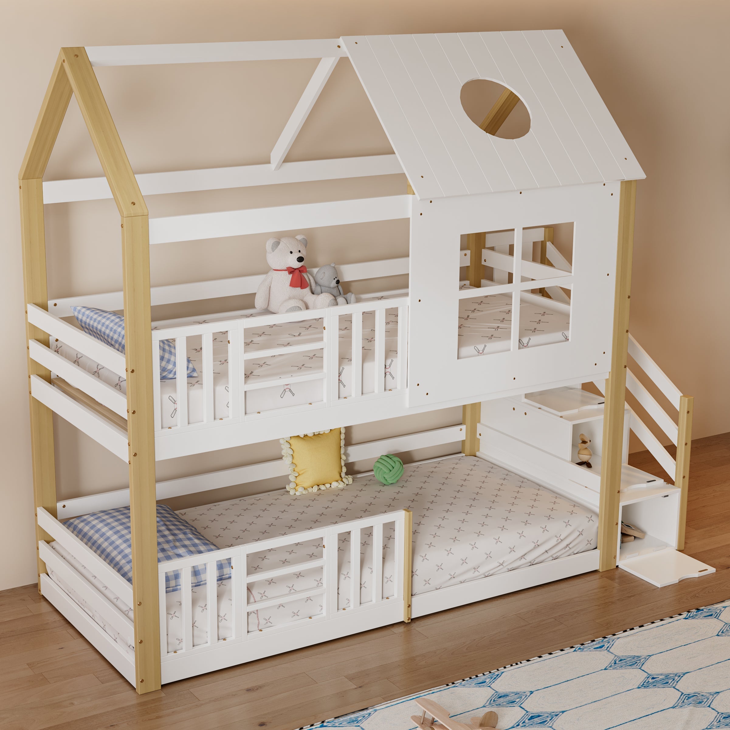 Bunk Bed House Bed with Storage Stairs, Safety Rail, Window, 90x200cm - Pine+MDF, White+Natural