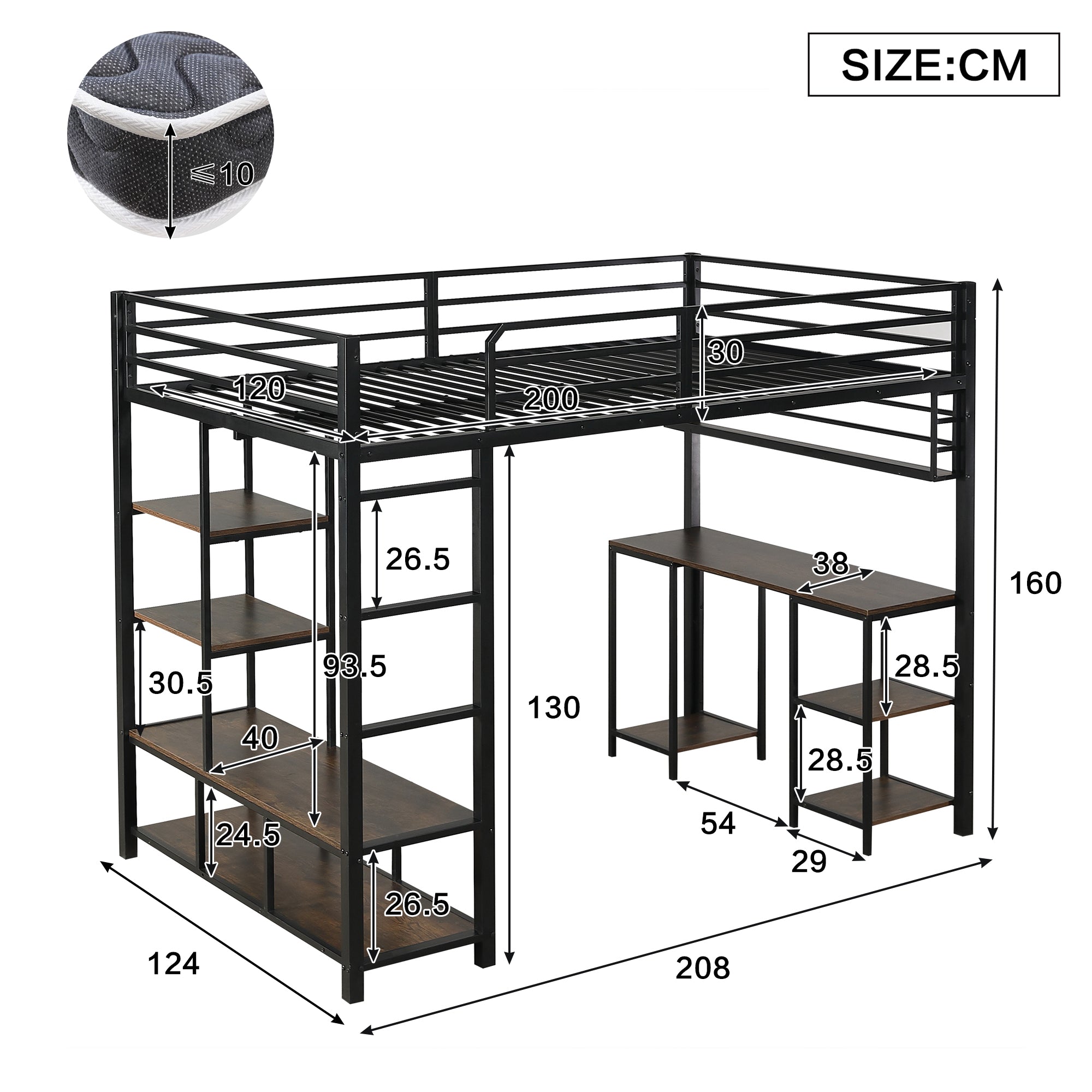 Loft Bed with Desk, Storage, Sturdy Slats, 4-Step Ladder, 120x200cm, Iron + Chipboard Black/Dark