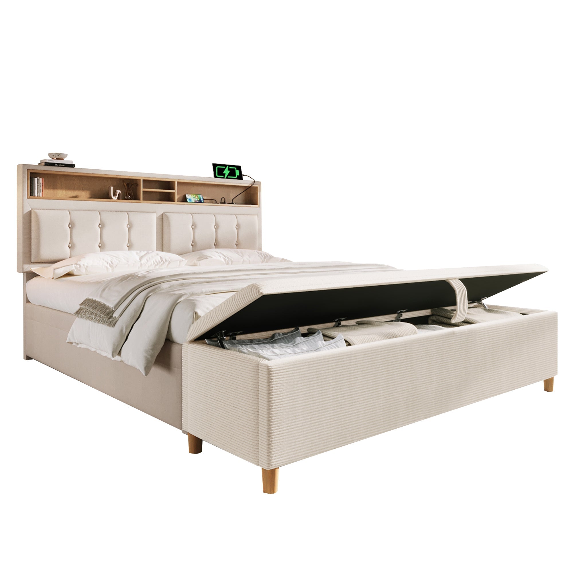 Upholstered Bed 140x200 Storage, USB Charging, Bed Bench - Linen Look