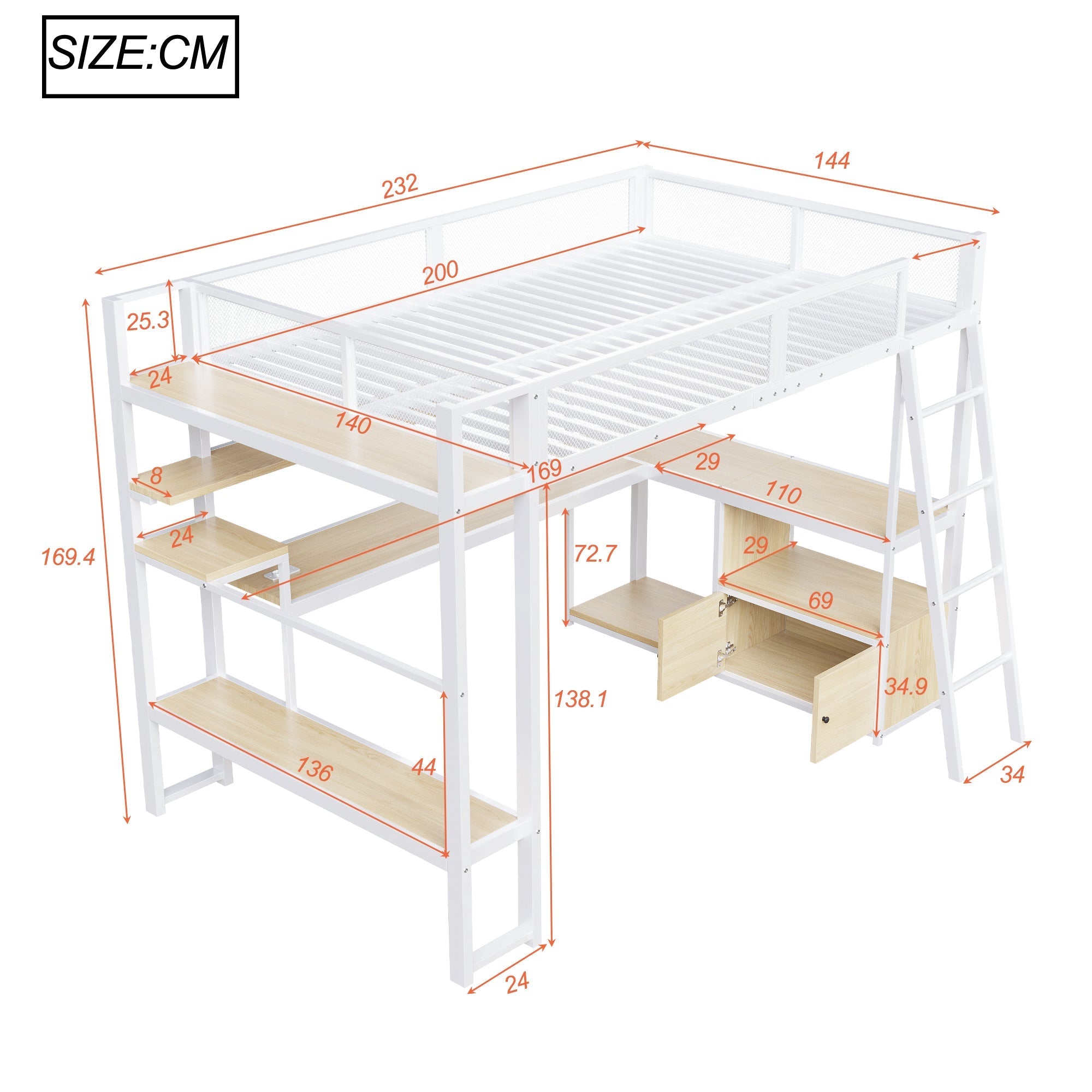 Metal Gaming Loft Bed with Integrated Workspace and LED Lighting, White