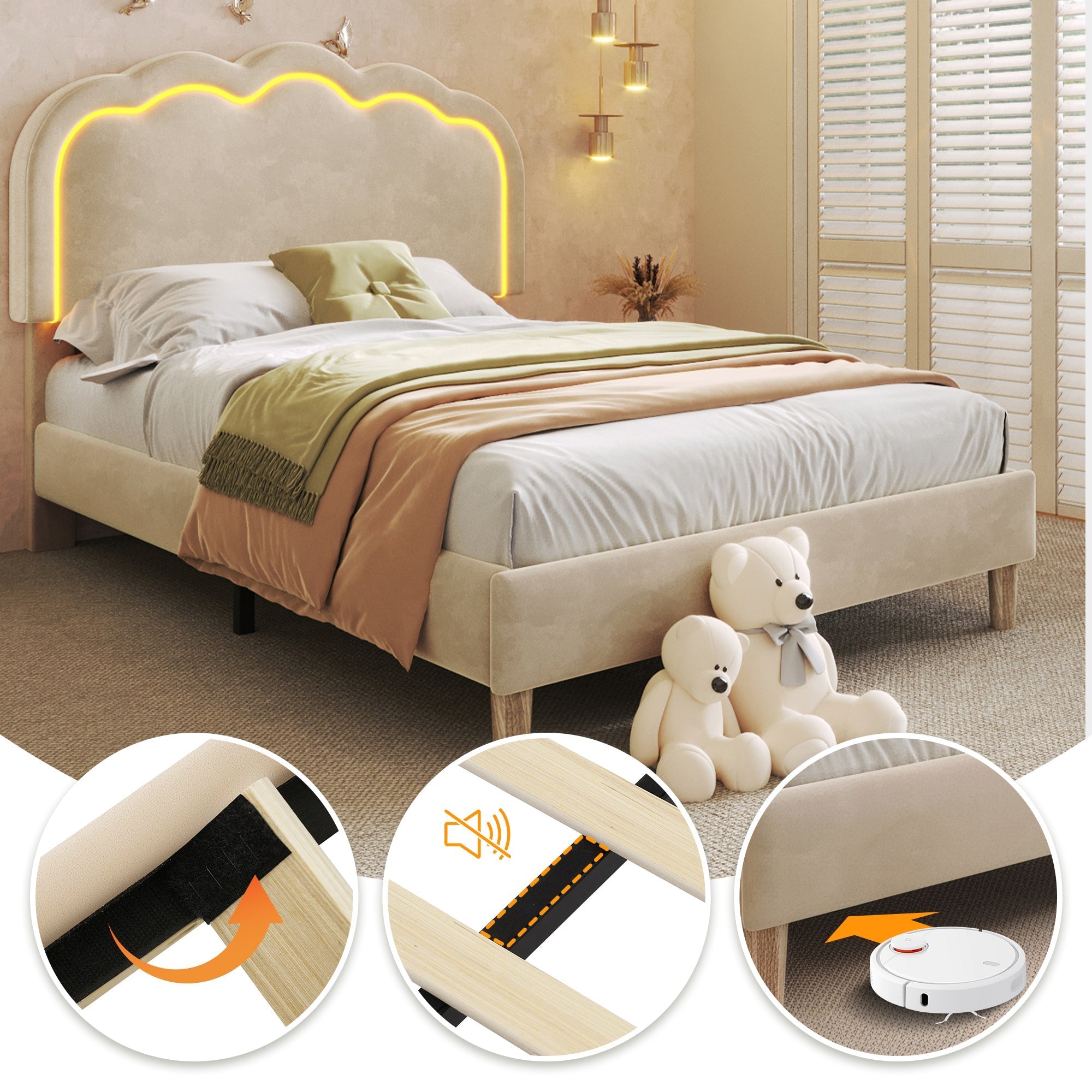 Upholstered Bed, Single with LED, Adjustable Height Headboard, Beige Velvet