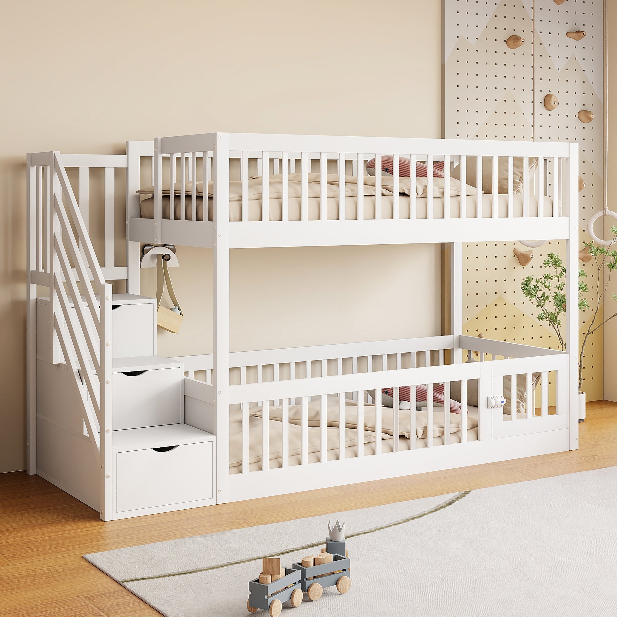 Bunk Bed 90x200 Safety Stairs Drawers Storage, White Wooden