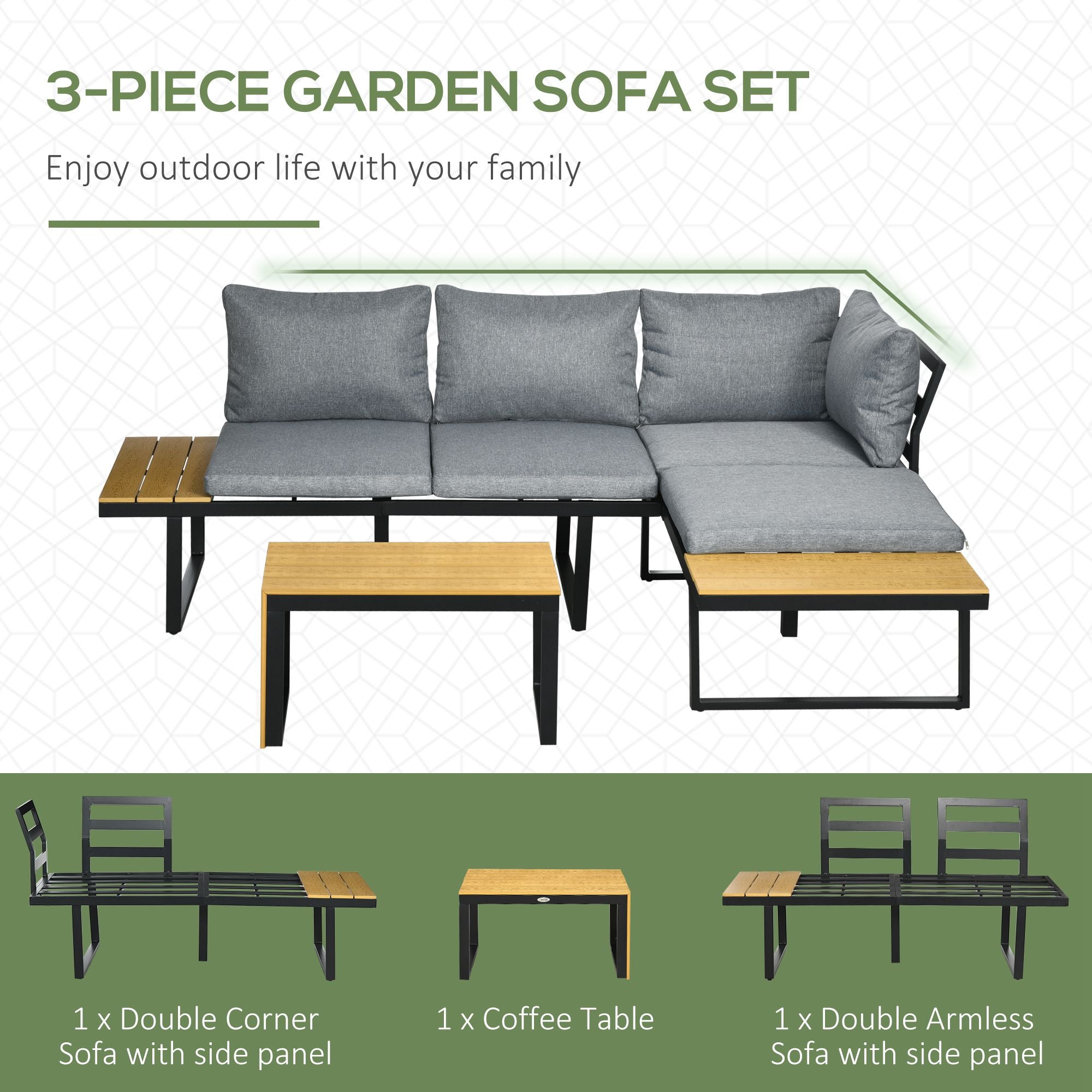 3 Pieces Patio Furniture Set Outdoor Sofa Conversation with Padded Cushions and Wood Grain Table, Dark Grey