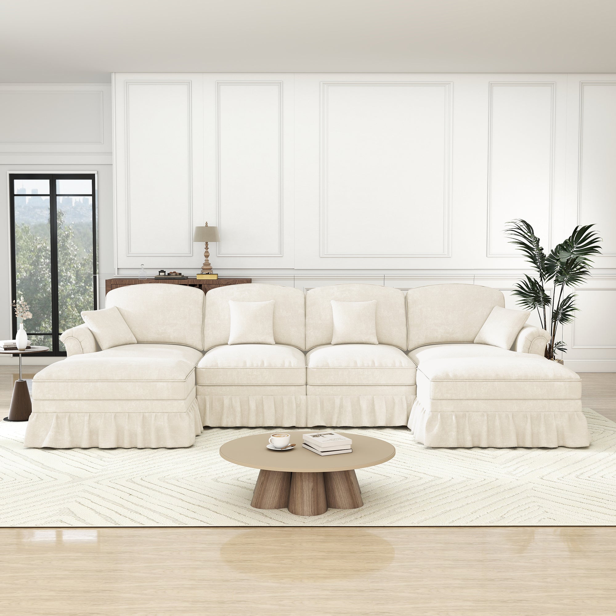 Modular U-Shaped Sofa 4-Seater Movable Ottoman Removable Apron - White Chenille