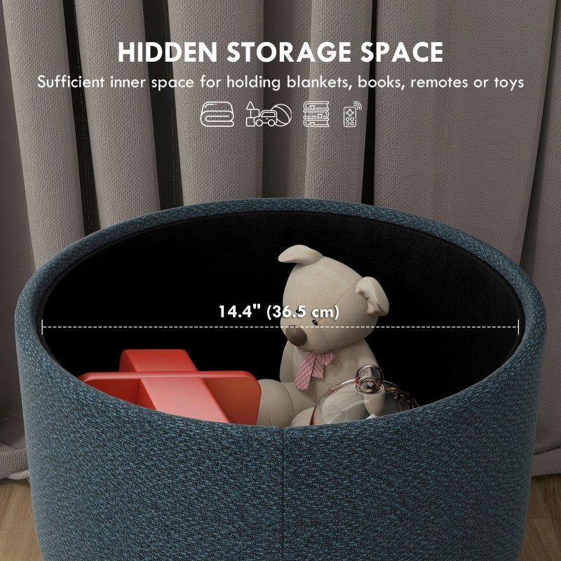 Round Ottoman with Hidden Storage, Linen-Look Blue