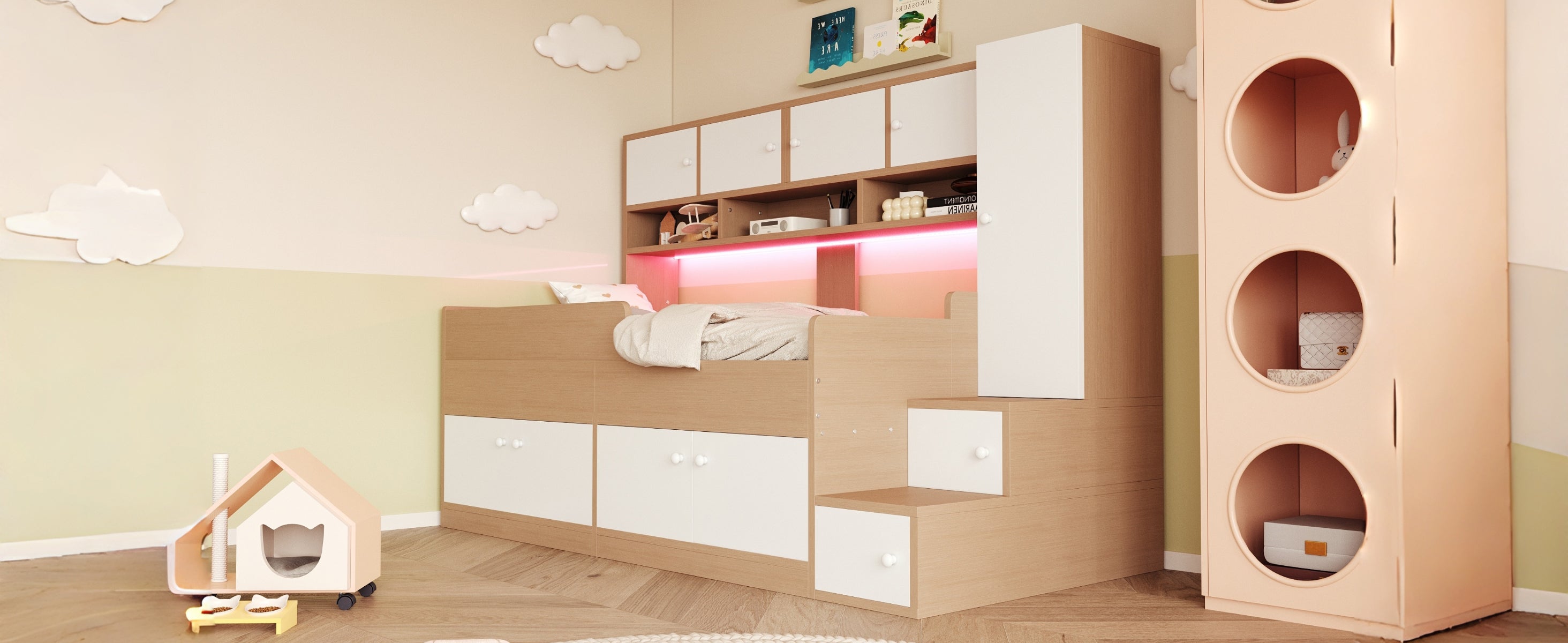 Wooden Children's Bed with Wardrobe, Shelves, Ladder and LED Lighting, 90x200cm, Wood Color