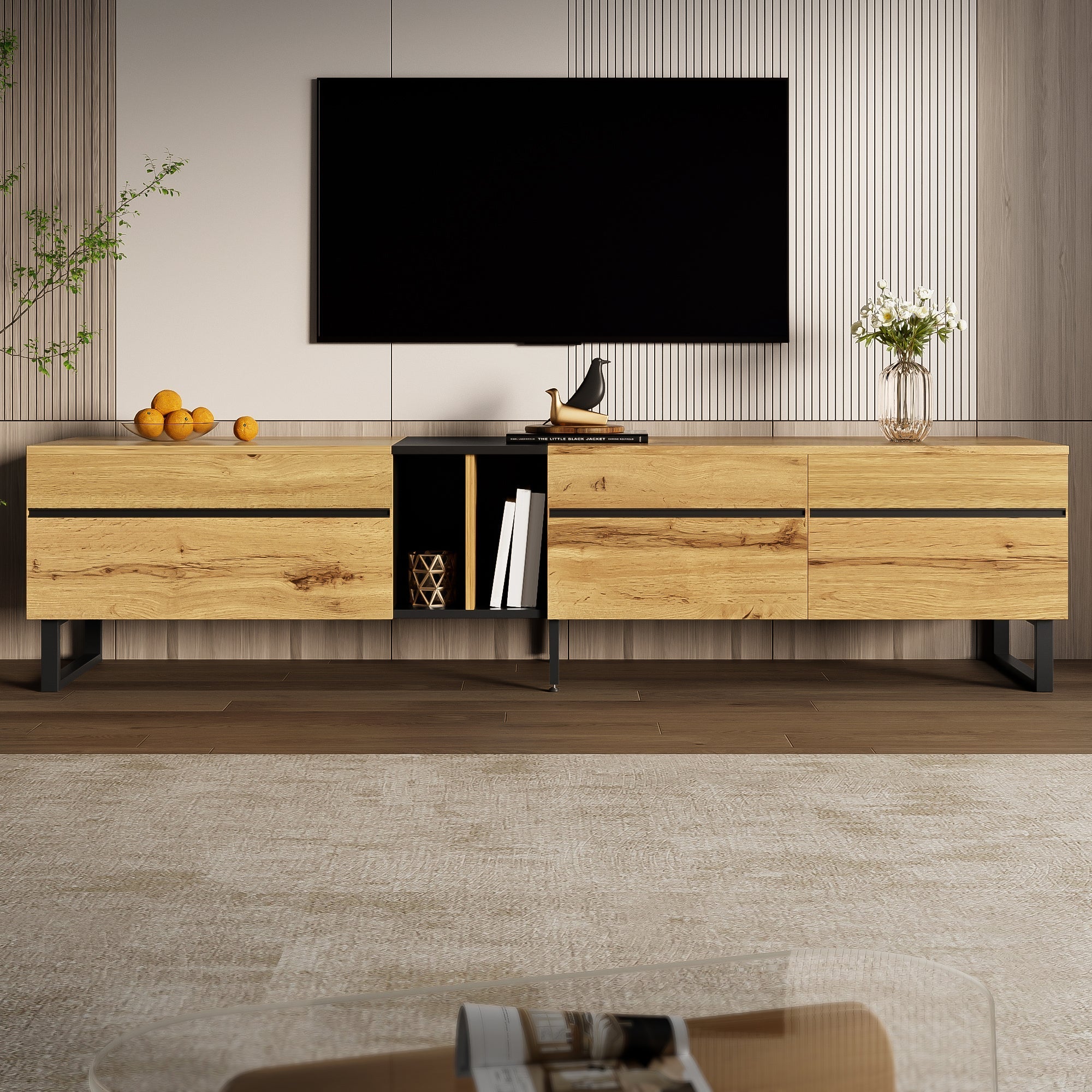 Modern TV Lowboard 180cm Drop-Down Open Shelves Double Doors