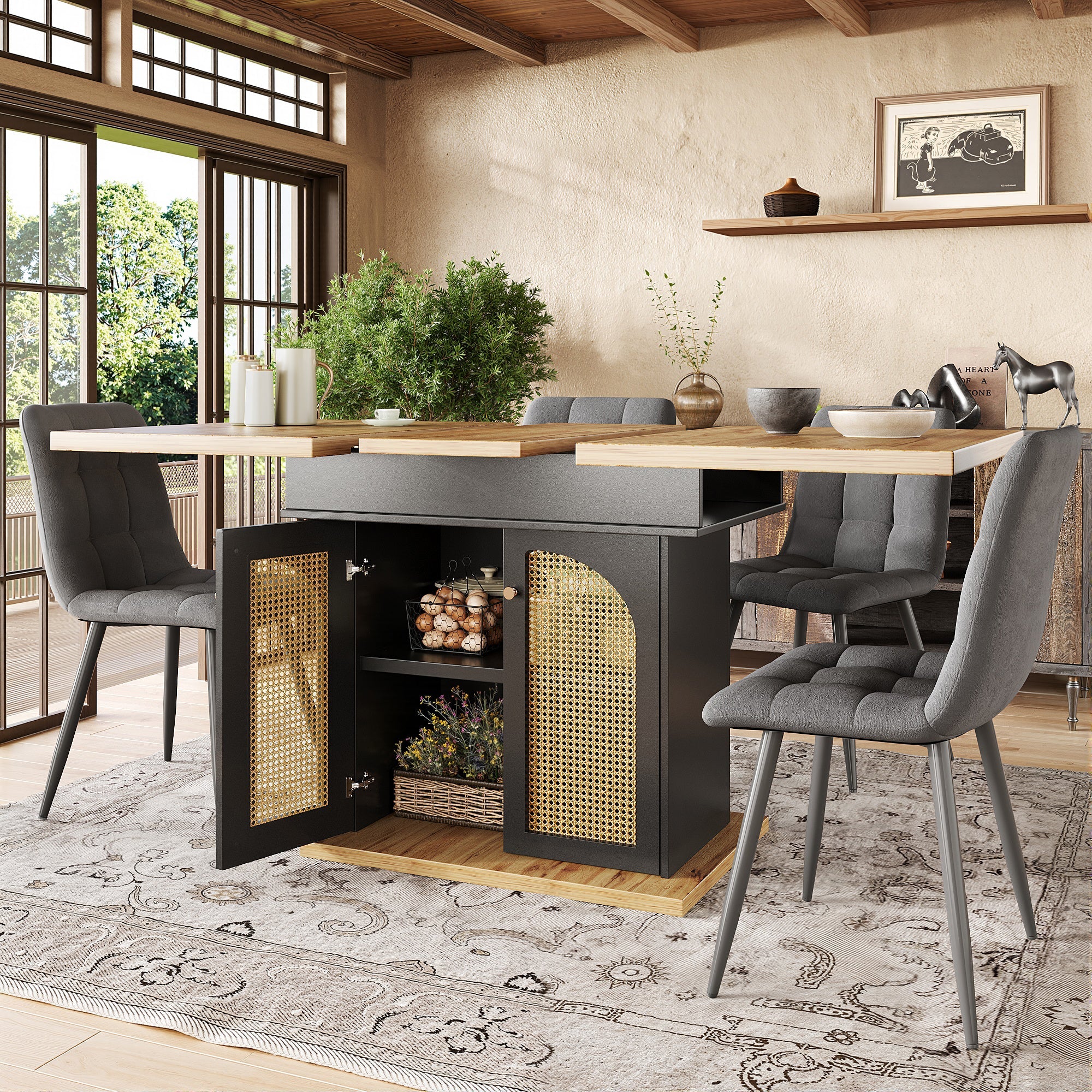 Telescopic Dining Table, Extendable Foldable Space-Saving 4-6 Person, PE Rattan