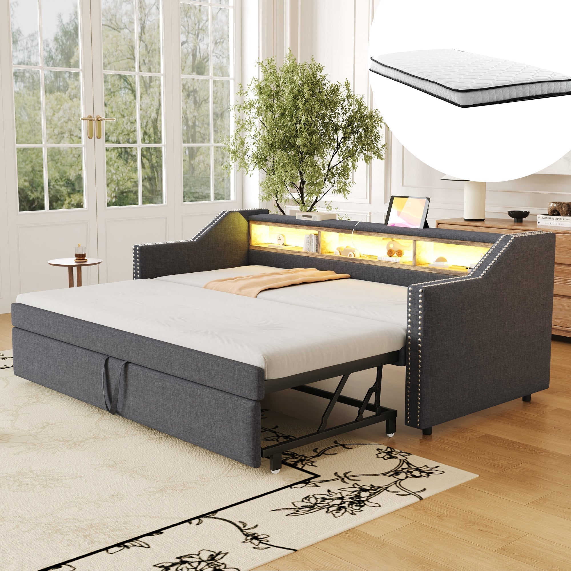 Upholstered Extendable Sofa Bed 90/180x190cm Storage LED USB - Dark Grey