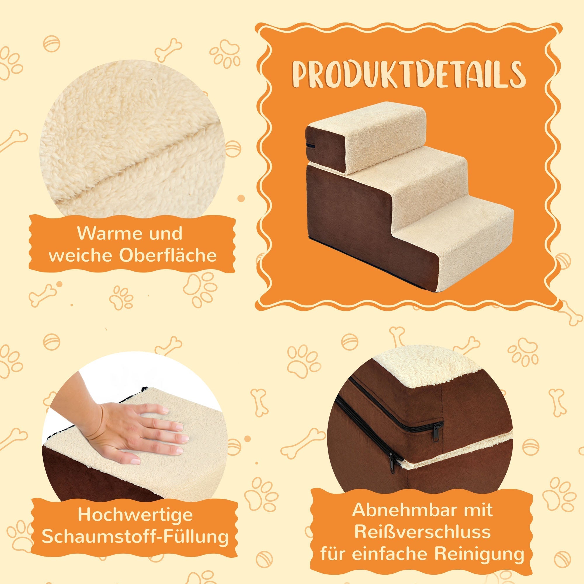 Dog Stairs, 3 Steps Pet Stairs, Plush Beige