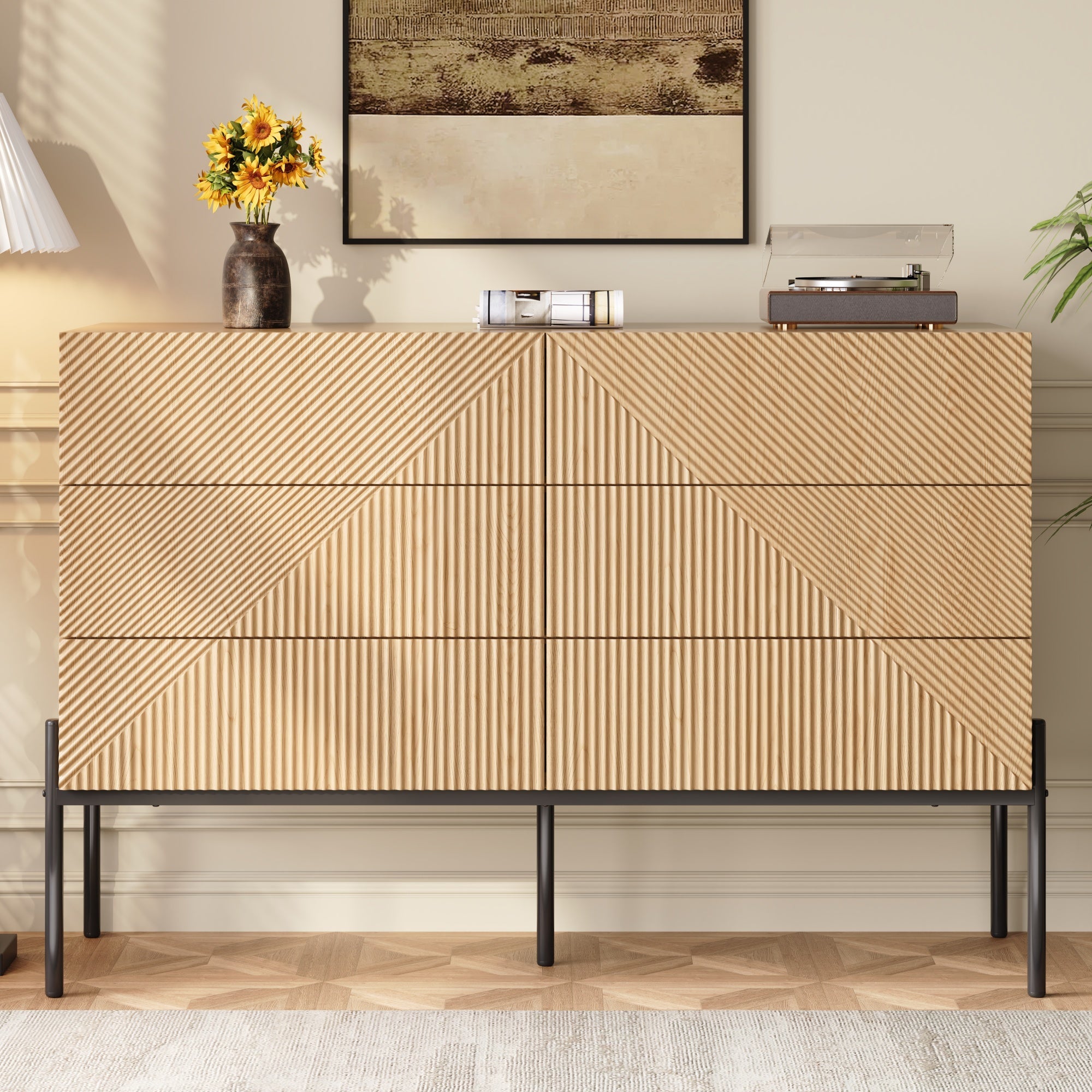 Sideboard with Six Drawers and 3D Geometric Texture, Multifunctional Storage for Living and Dining Room, Wood and Metal