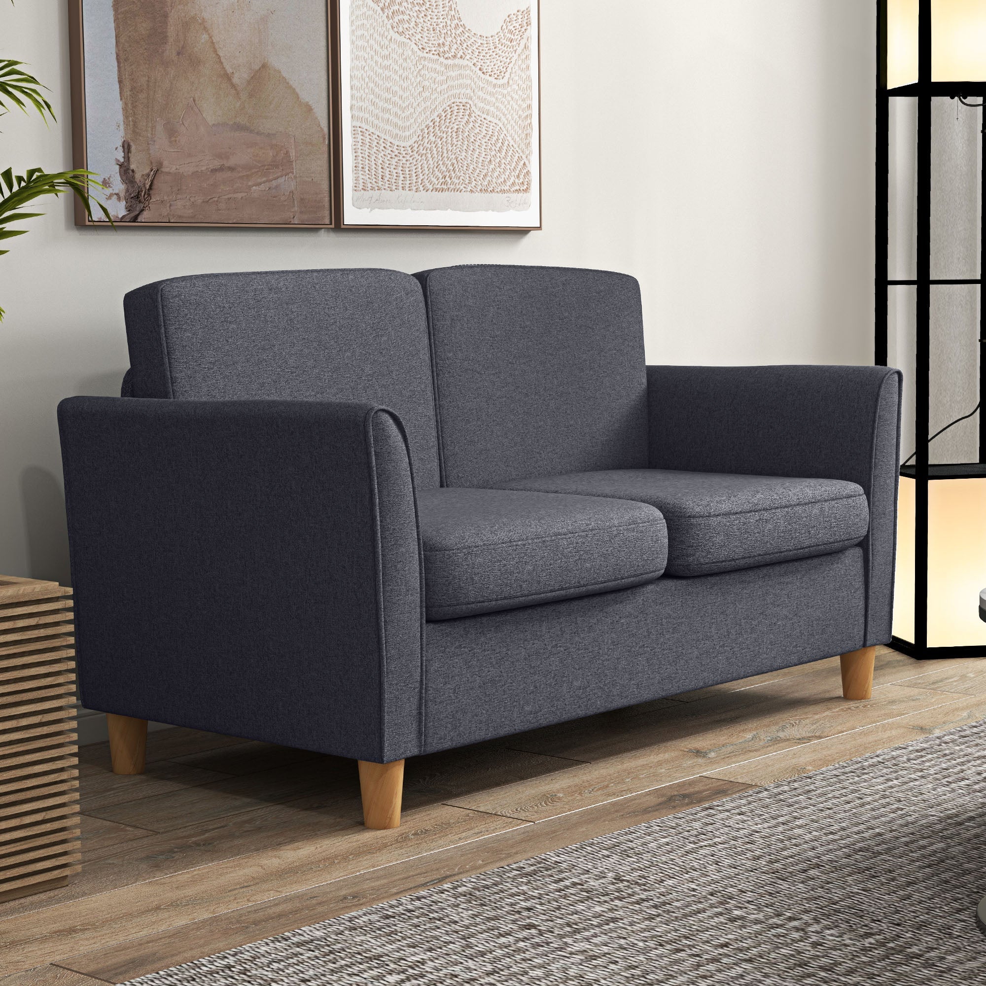 Compact Loveseat Sofa, 2 Seater with Wood Legs, Dark Grey