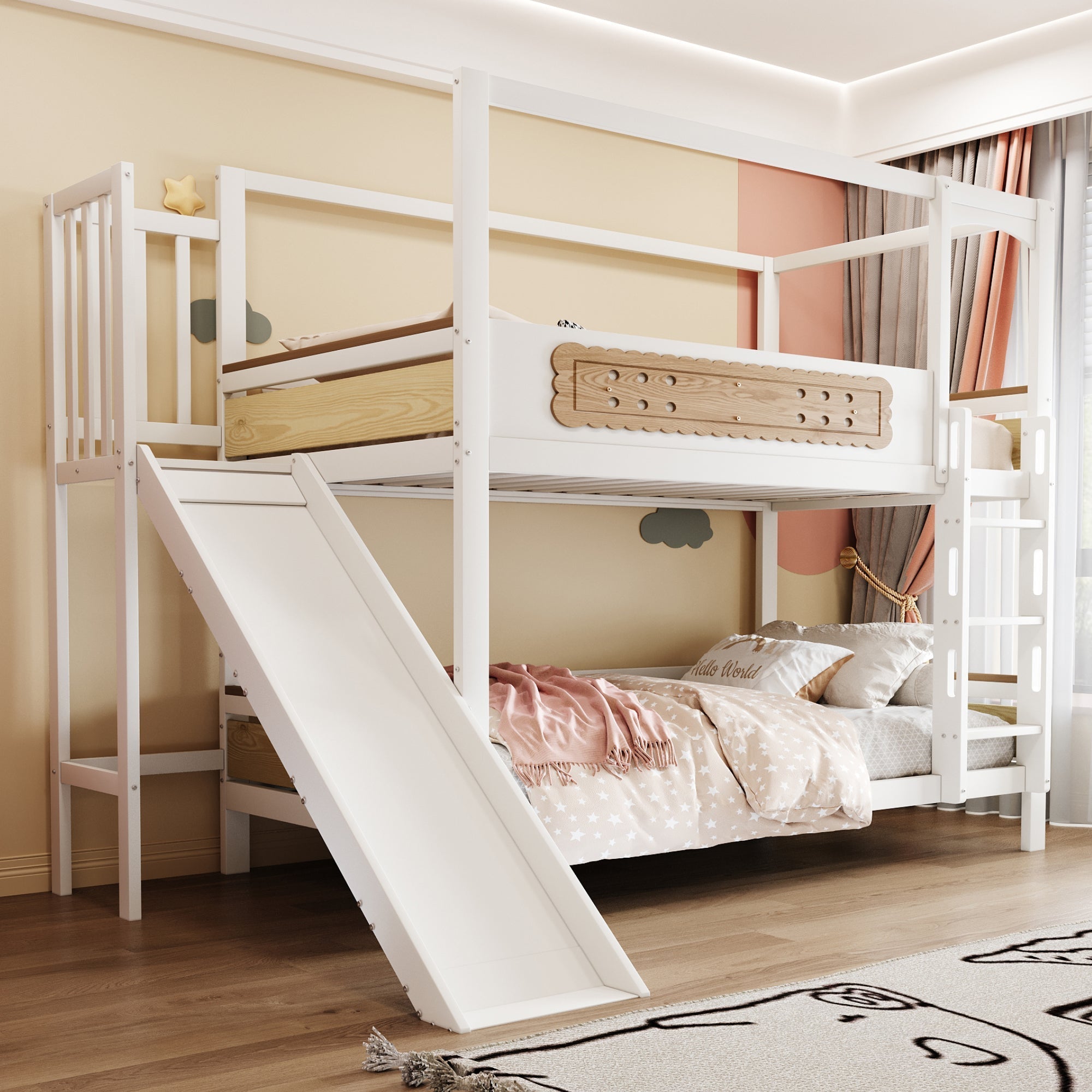 Children's Bunk Bed 90x200cm House Frame Slide Safety Ladder Wood Color