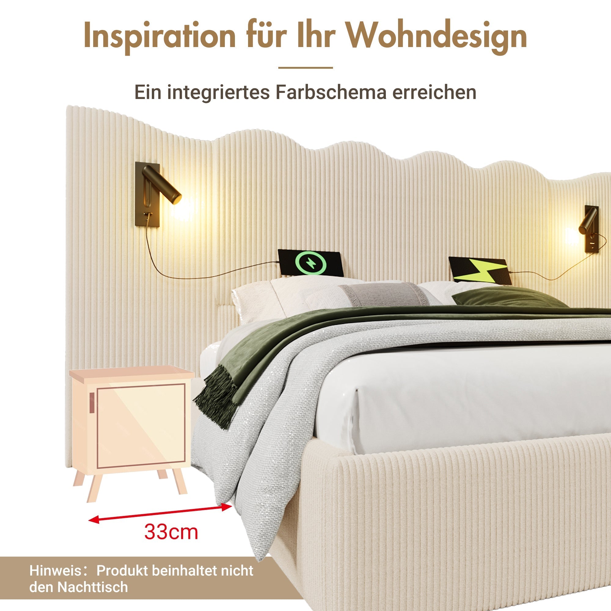Upholstered Double Bed 180x200 with Reading Lamp and USB-C, Storage Bed Frame, Beige-White Corduroy